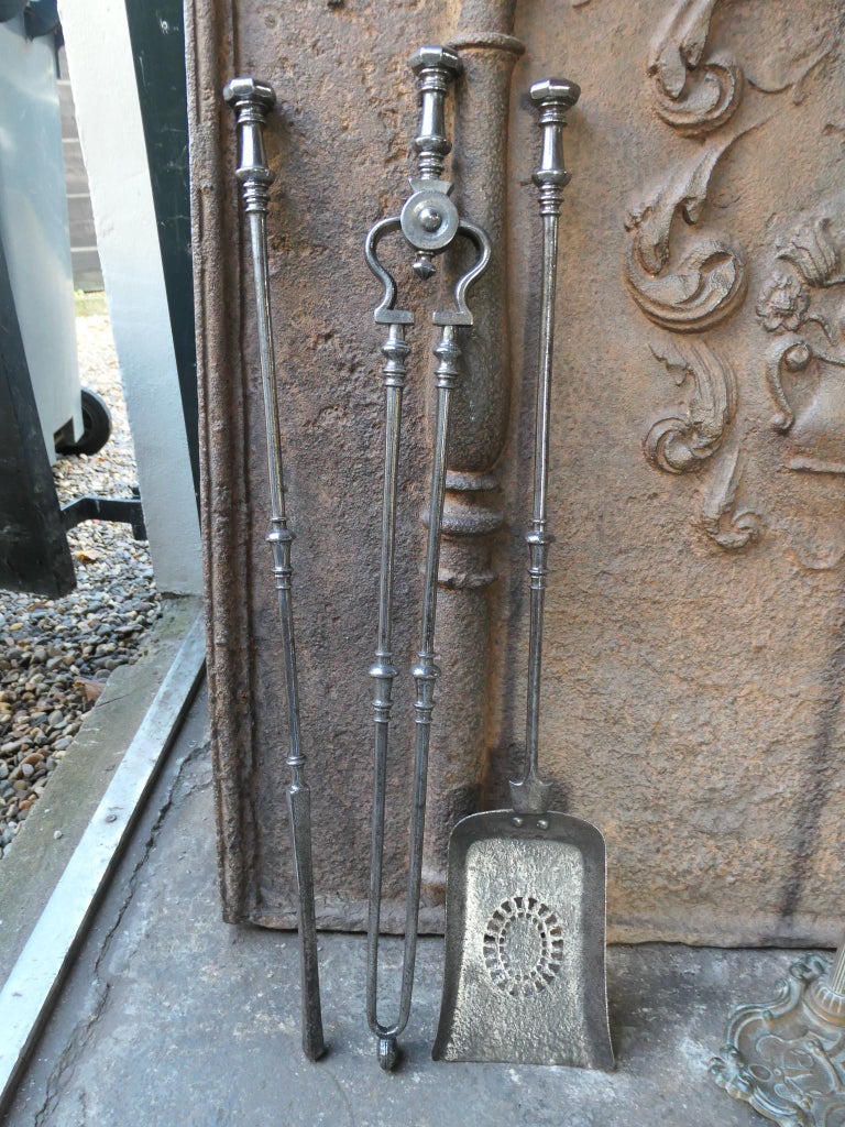 Large 18/19th C. English Polished Steel Fire Companion Set For