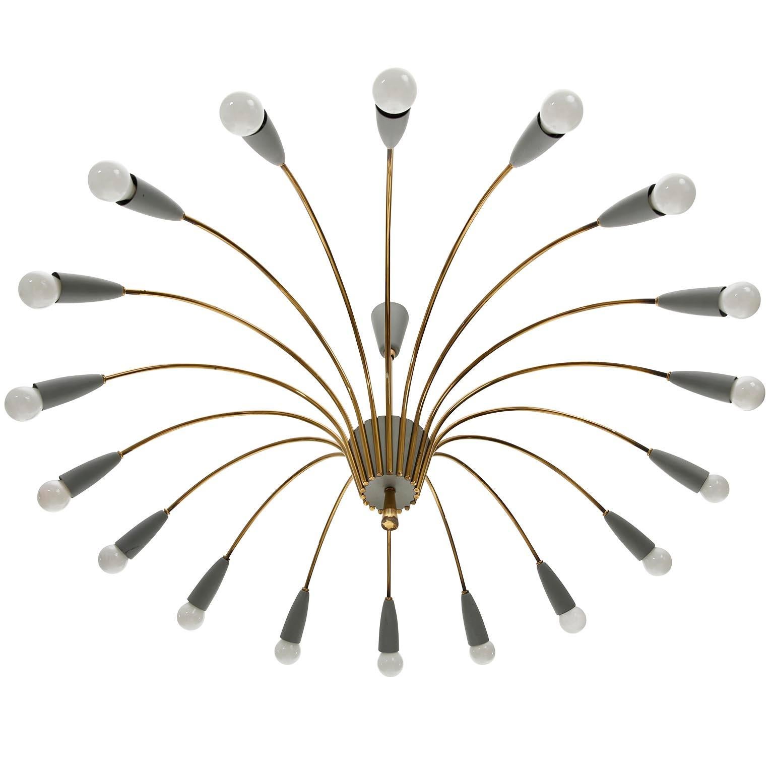 Mid-20th Century Large 18-Arm Chandelier Flush Mount Light Spider Sputnik, Brass Gray, 1960s