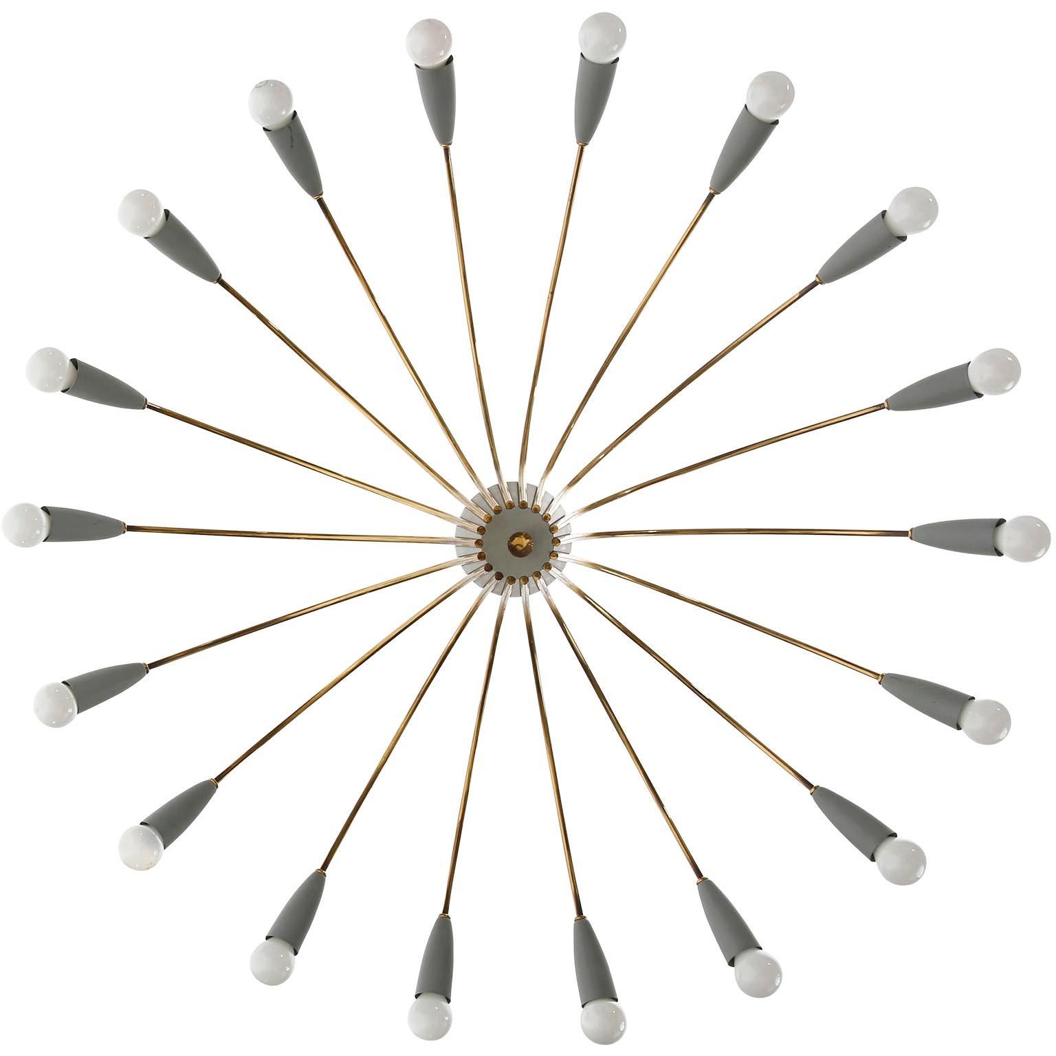 Metal Large 18-Arm Chandelier Flush Mount Light Spider Sputnik, Brass Gray, 1960s