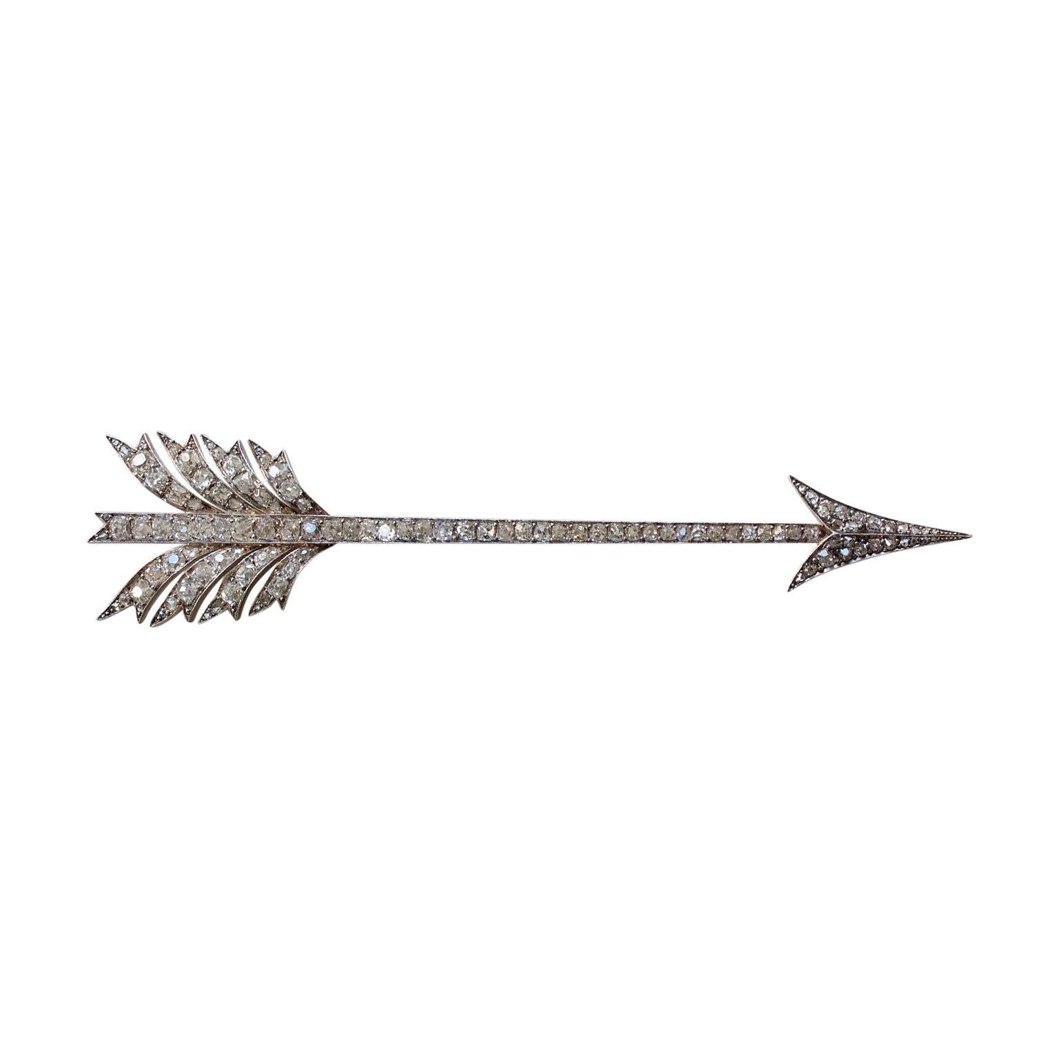 Large 18 Carat Gold and Silver Arrow Brooch with Diamond For Sale