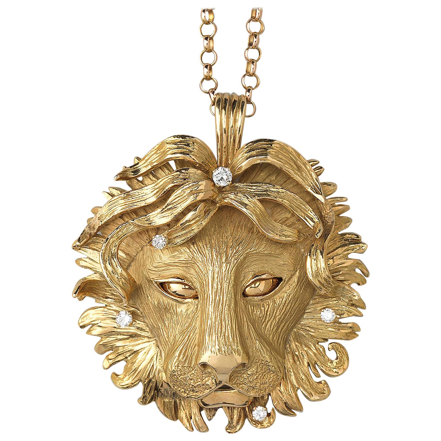 Large 18 Carat Gold Leo Pendant with Diamonds