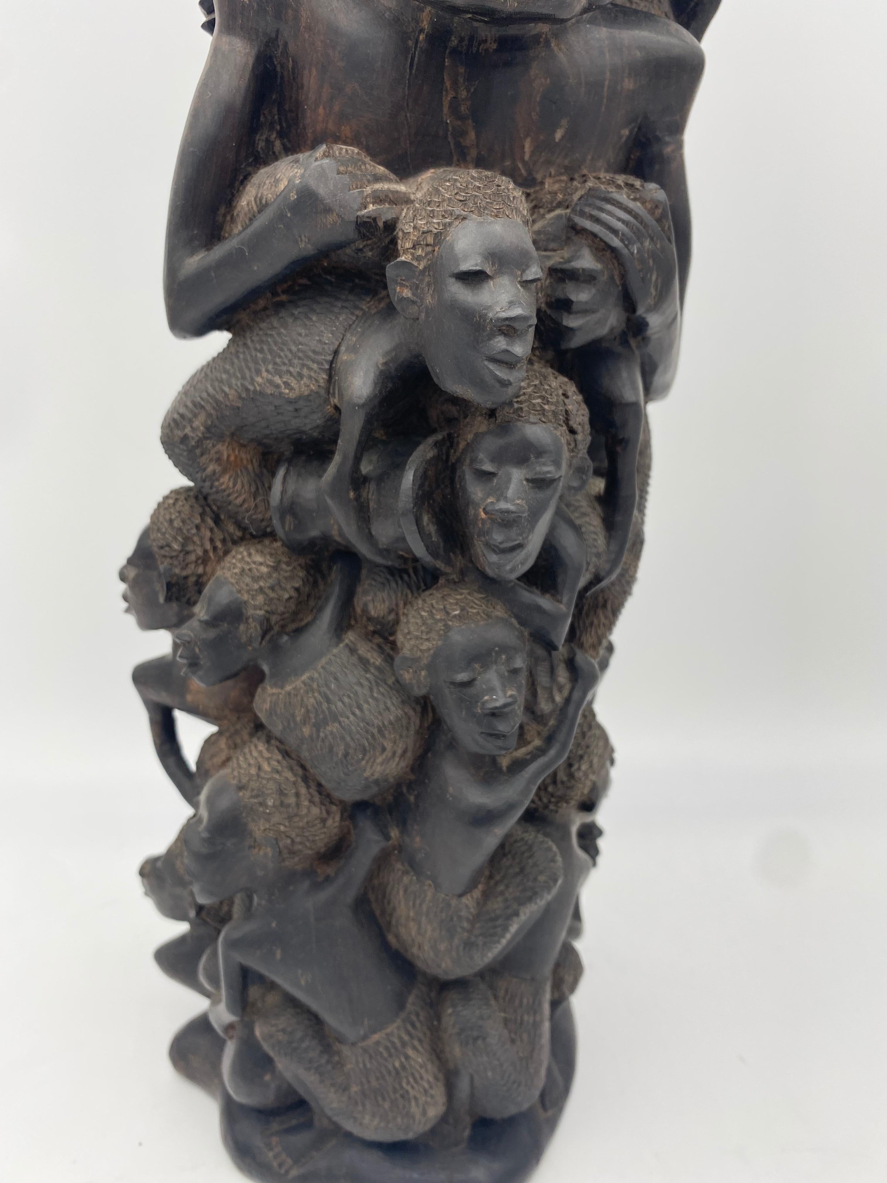 Carved Large 18'' Ebony Wood African Families Tree Sculpture For Sale