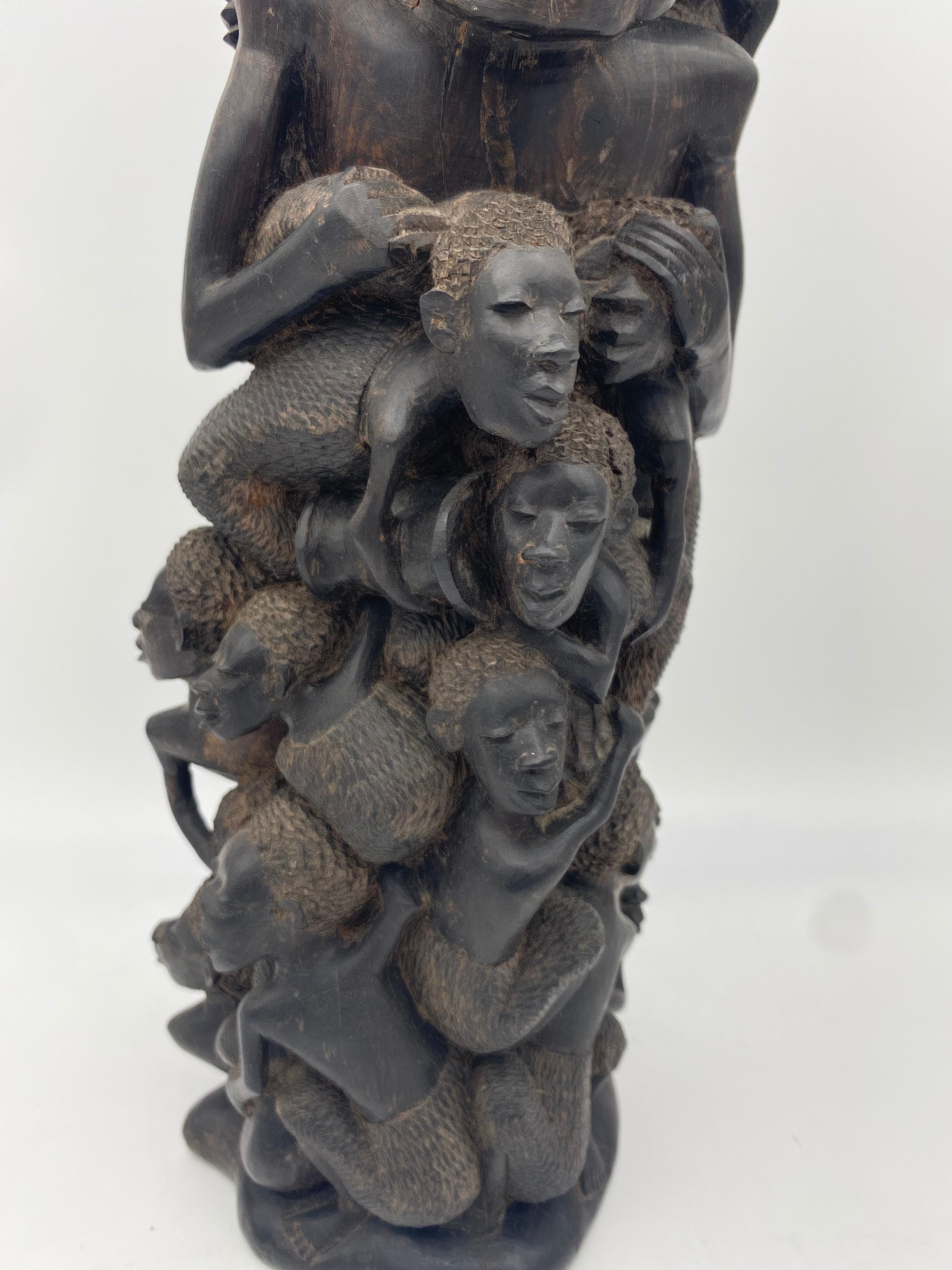 Large 18'' Ebony Wood African Families Tree Sculpture In Good Condition For Sale In Brea, CA
