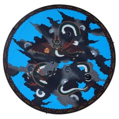 Large 18 Inch Antique Japanese Cloisonne Enamel Silver Wire Dragon Charger Plate