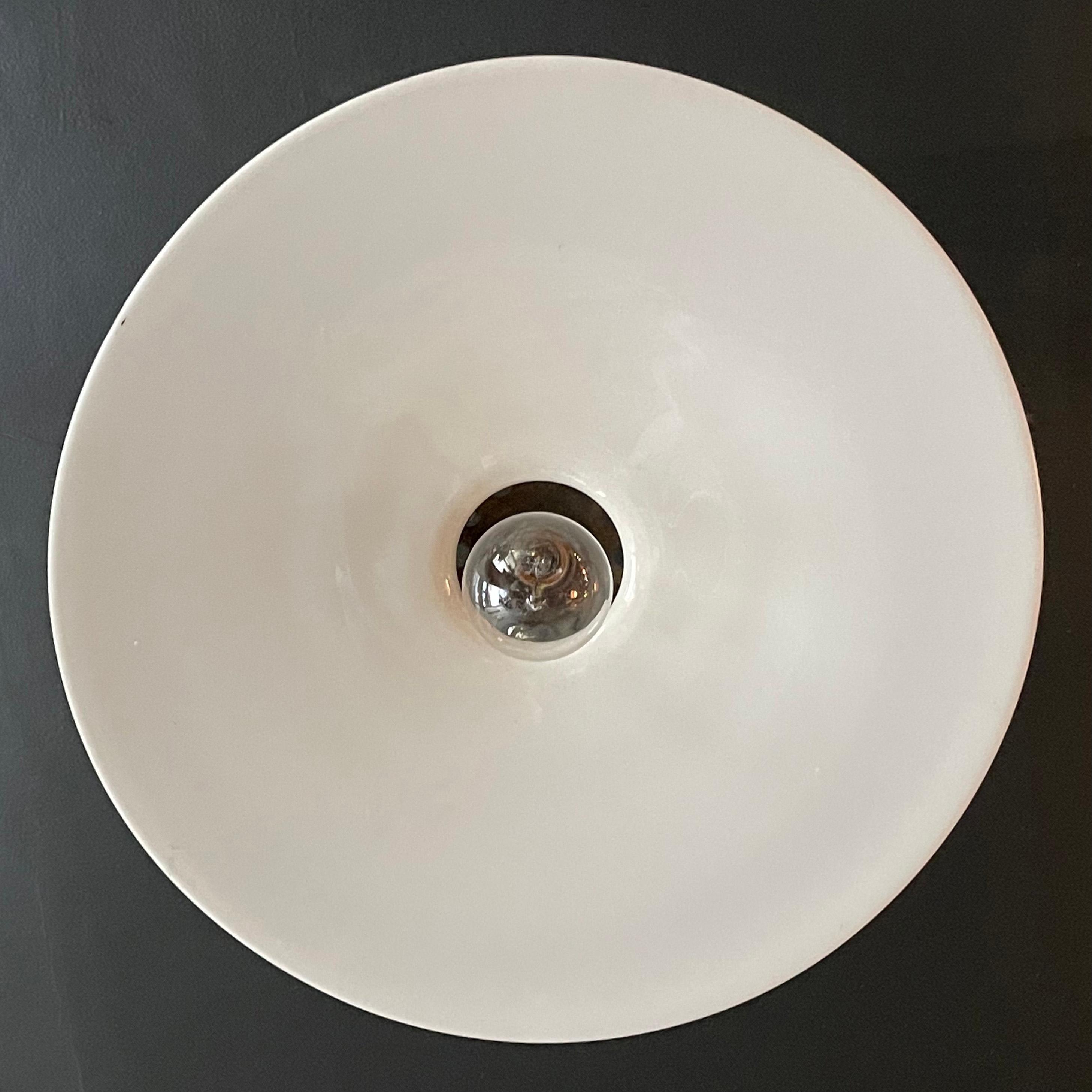 Large Industrial Milk Glass Disc Pendant Light For Sale 2