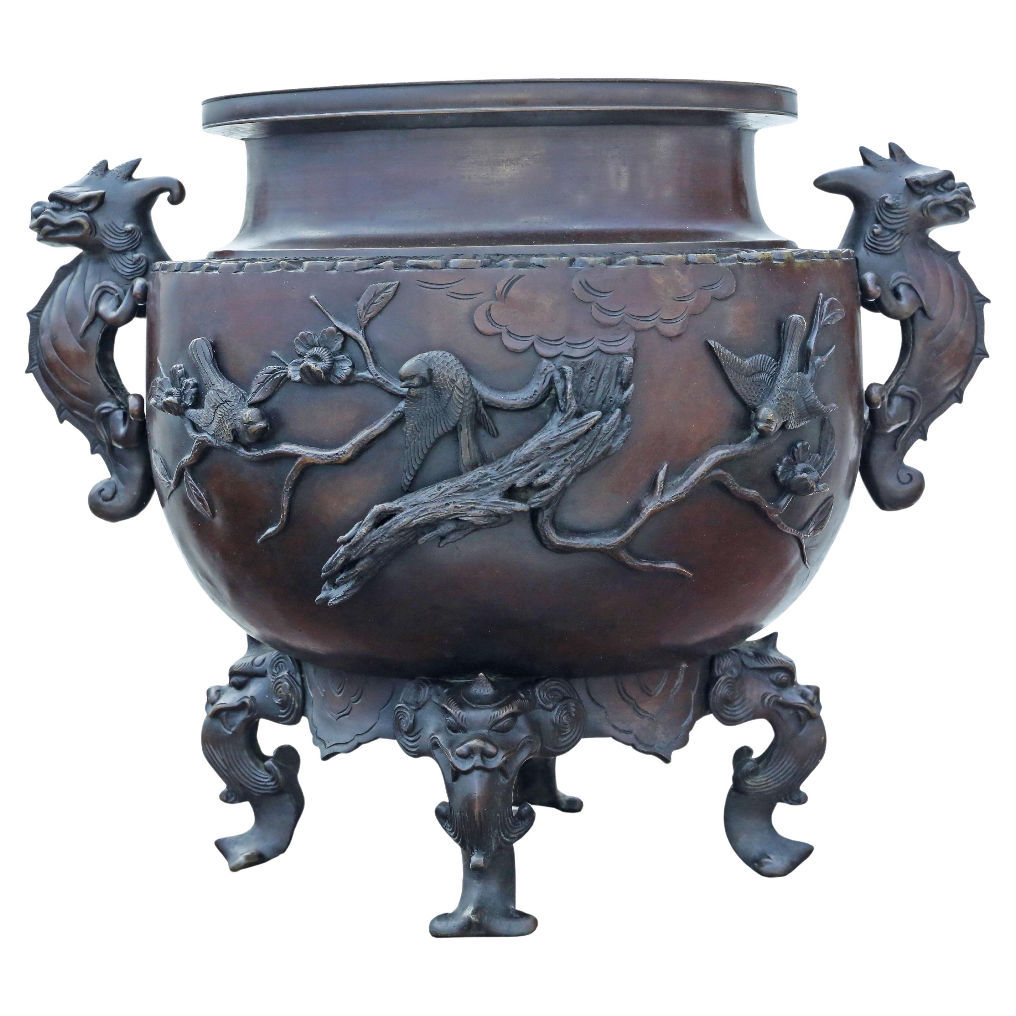 Large 18" Japanese Meiji Bronze Jardinière Planter Pot Bowl - Oriental Antique For Sale