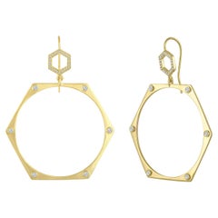 Large 18 Karat Gold and Champagne Diamond Geometric Hoops Earrings