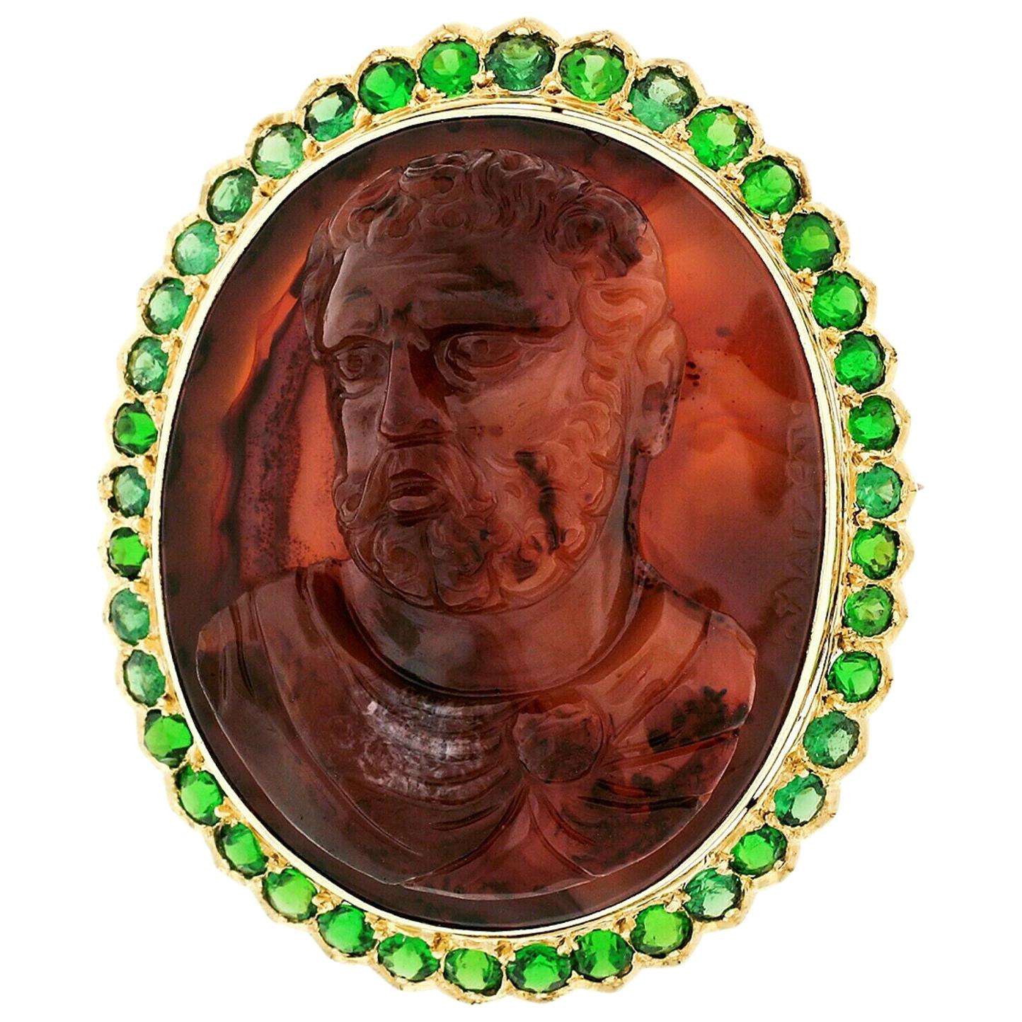 Large 18 Karat Gold Carved Agate Male Cameo Brooch Pendant with Tsavorite Halo