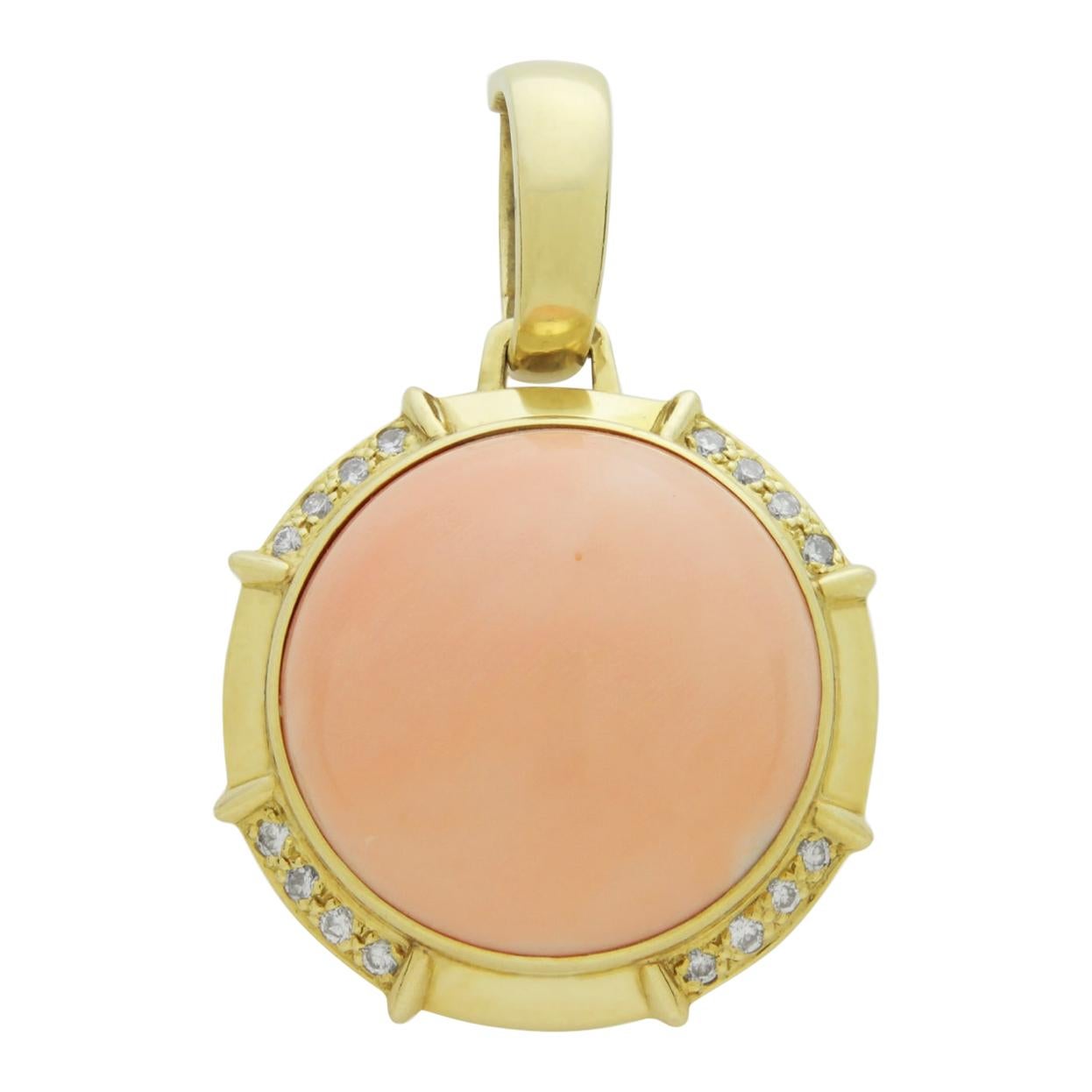 Large 18 Karat Gold, Diamond, and Angel-Skin Coral Enhancer Pendant by Gumps