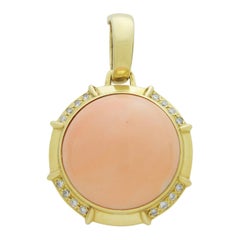 Large 18 Karat Gold, Diamond, and Angel-Skin Coral Enhancer Pendant by Gumps