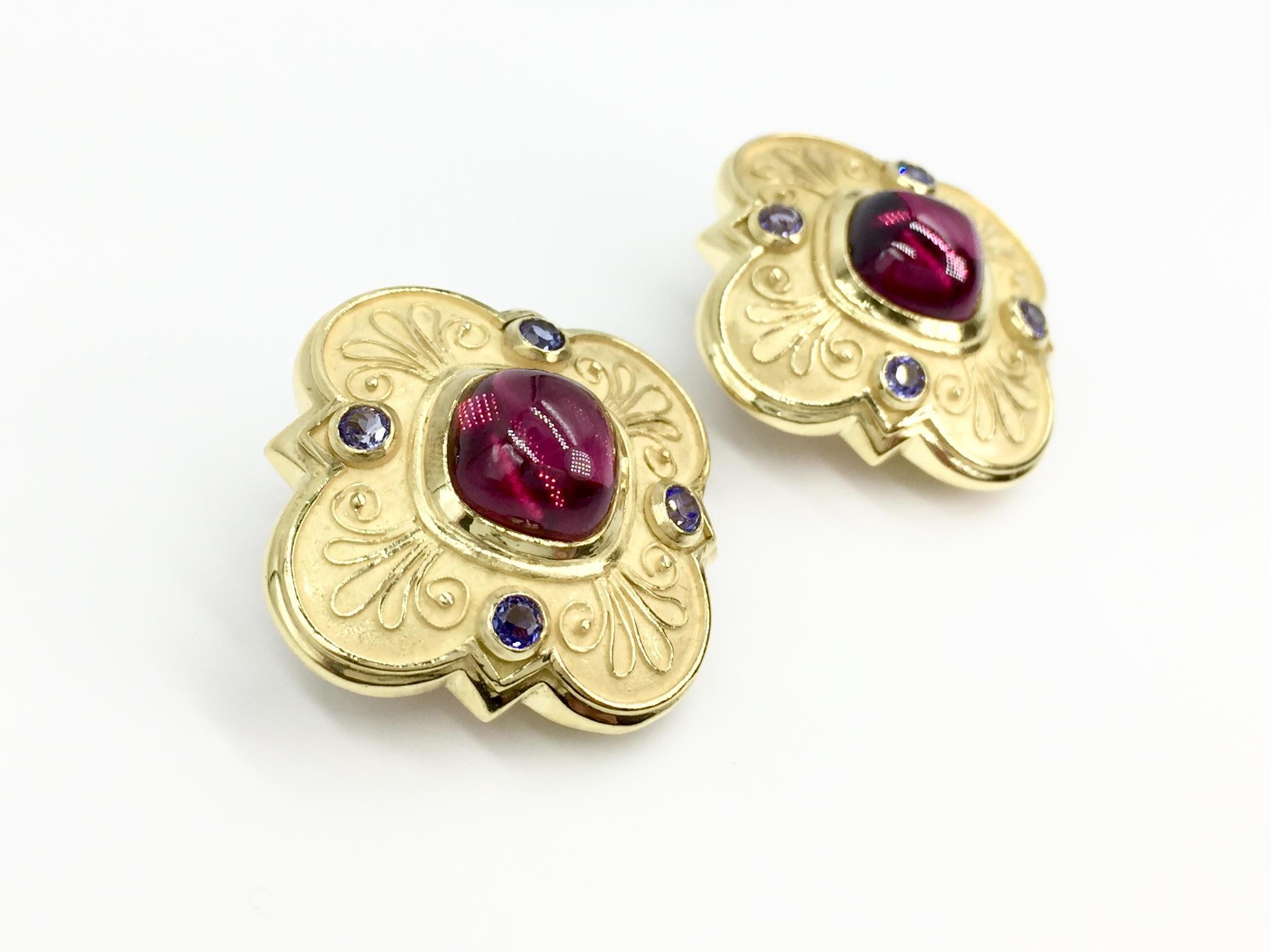 Cabochon Large 18 Karat Rubellite Tourmaline and Iolite Clover Earrings For Sale