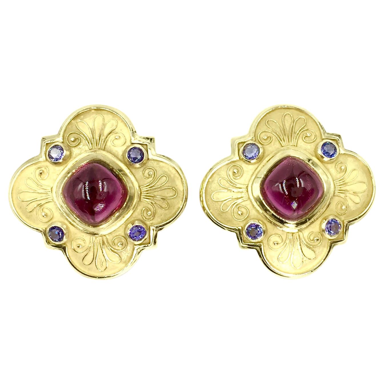 Large 18 Karat Rubellite Tourmaline and Iolite Clover Earrings For Sale