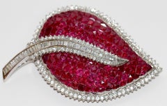 Large 18 Karat White Gold Brooch Pendant Set with Countless Rubies and Diamonds