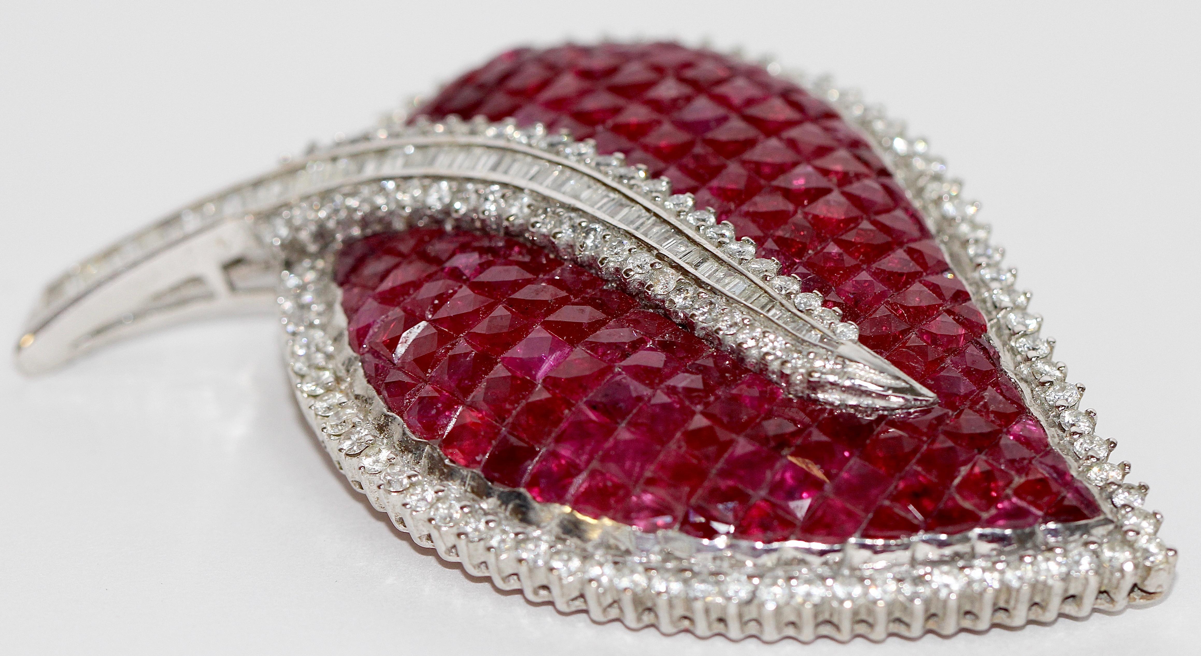 Round Cut Large 18 Karat White Gold Brooch Pendant Set with Countless Rubies and Diamonds For Sale