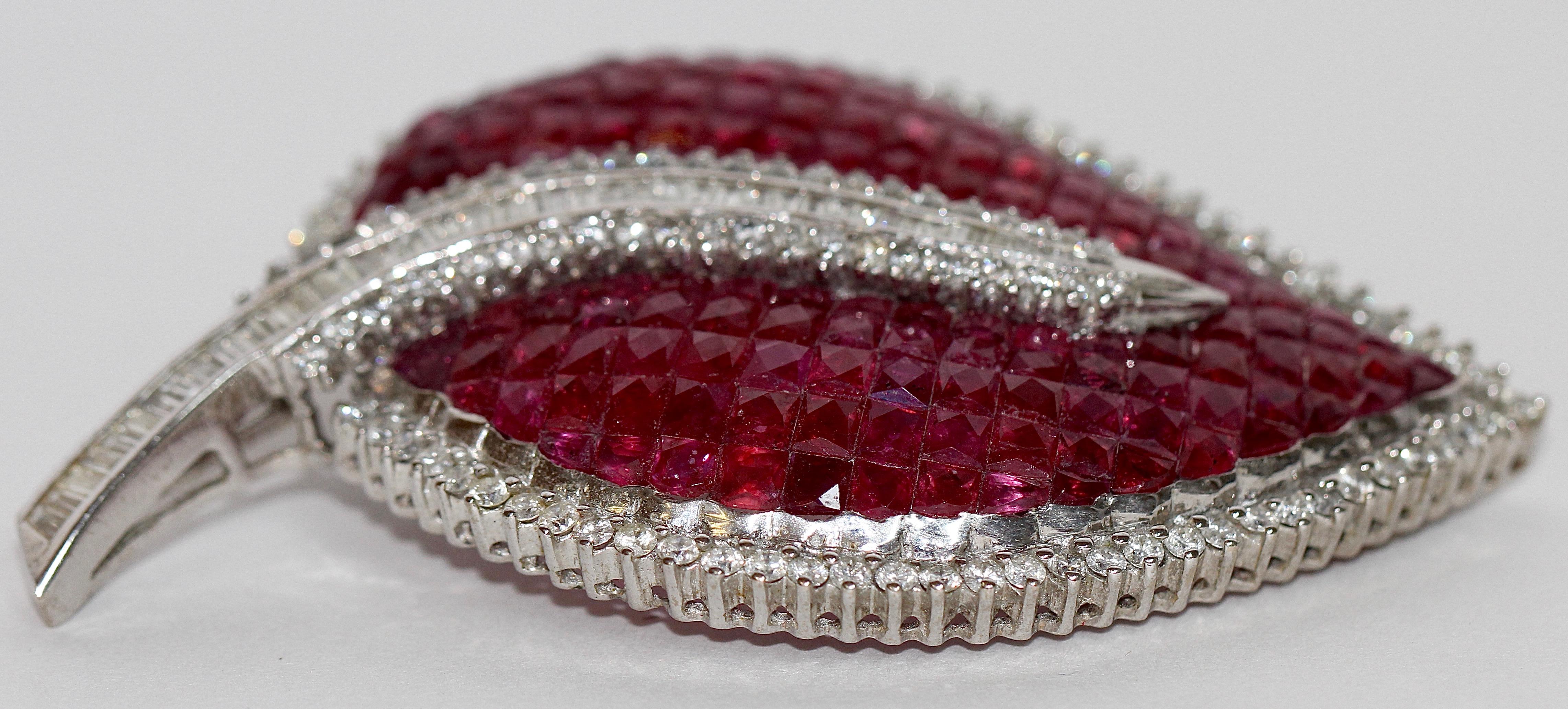 Large 18 Karat White Gold Brooch Pendant Set with Countless Rubies and Diamonds For Sale 1