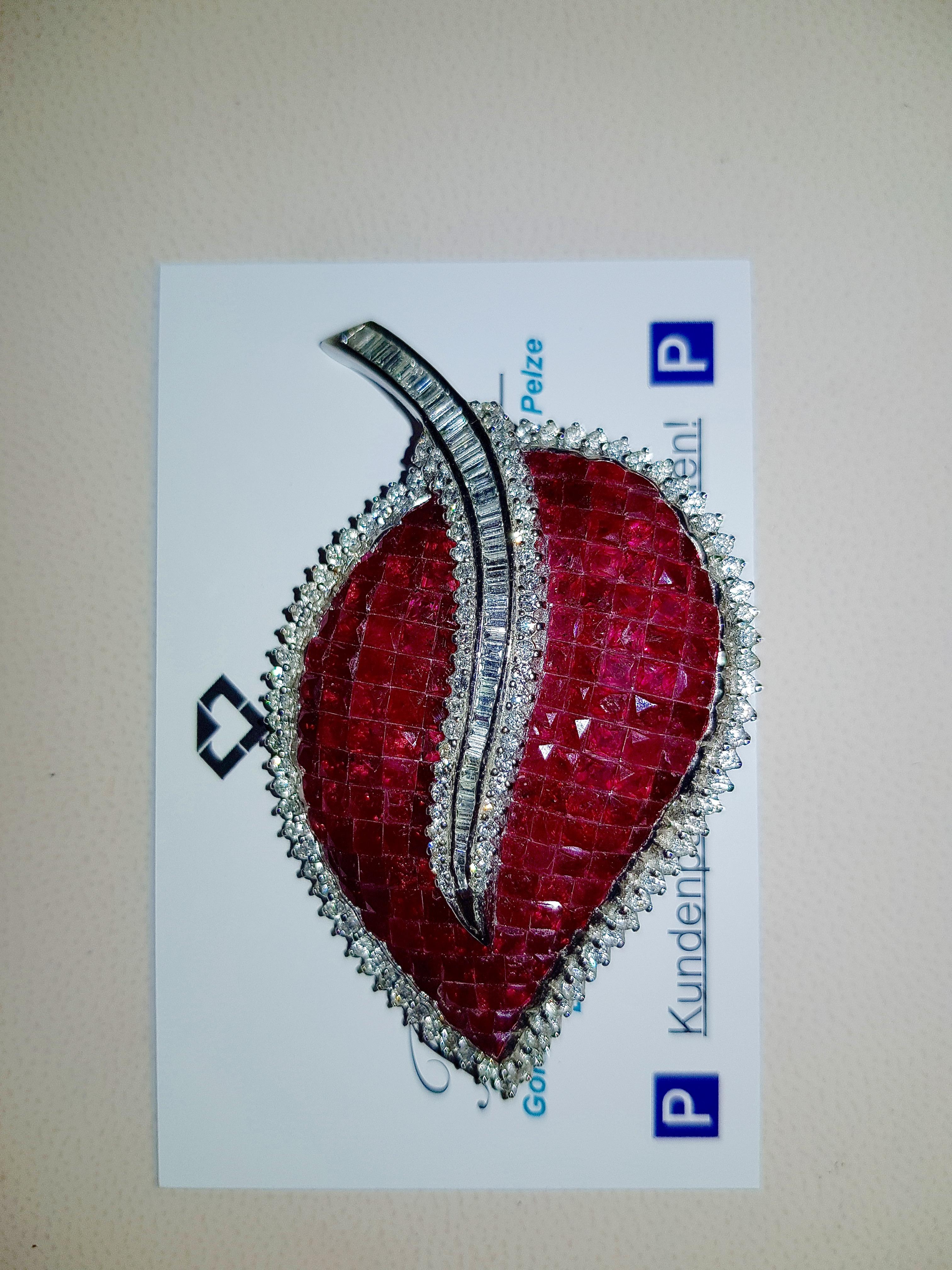Large 18 Karat White Gold Brooch Pendant Set with Countless Rubies and Diamonds For Sale 3