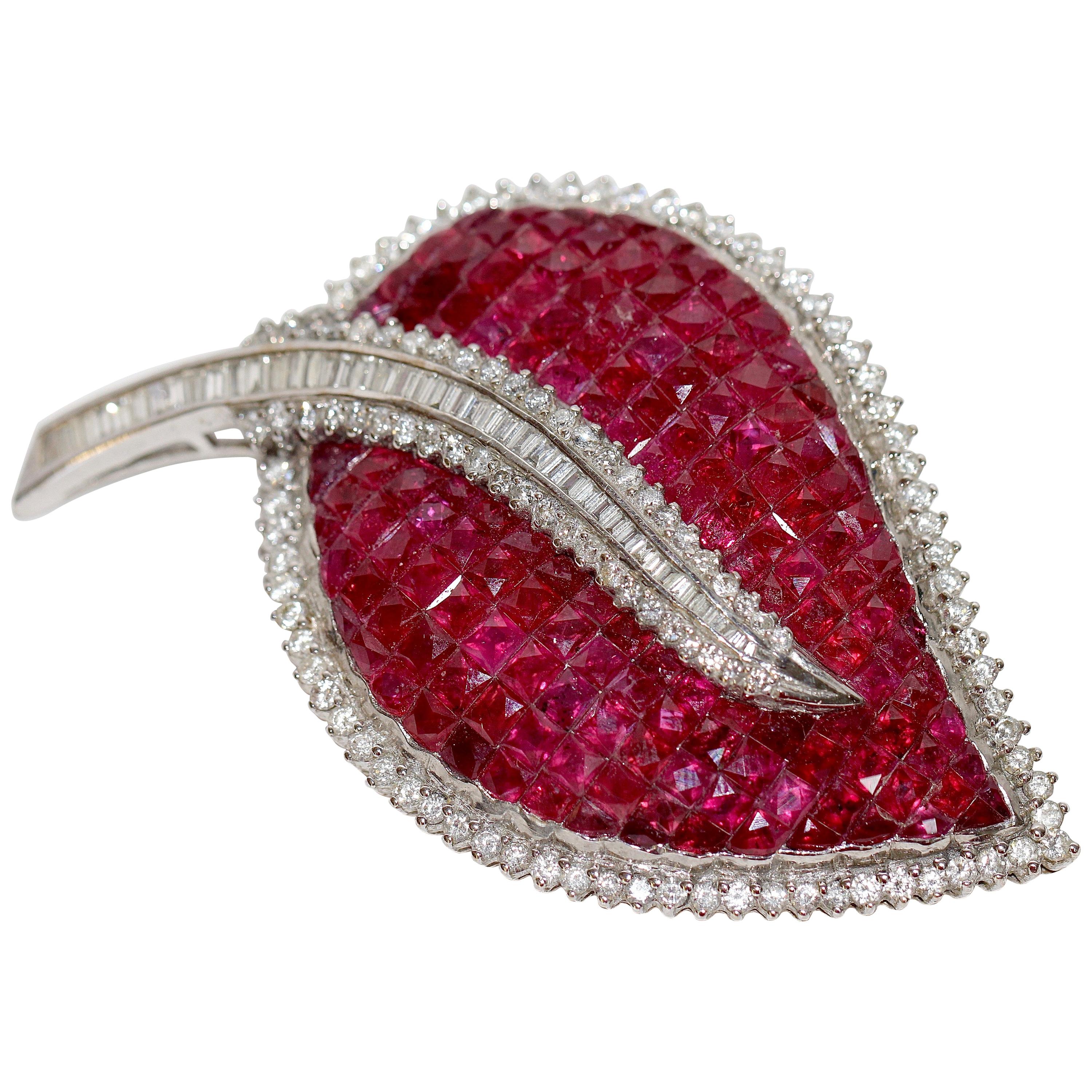 Large 18 Karat White Gold Brooch Pendant Set with Countless Rubies and Diamonds
