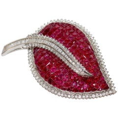 Vintage Large 18 Karat White Gold Brooch Pendant Set with Countless Rubies and Diamonds