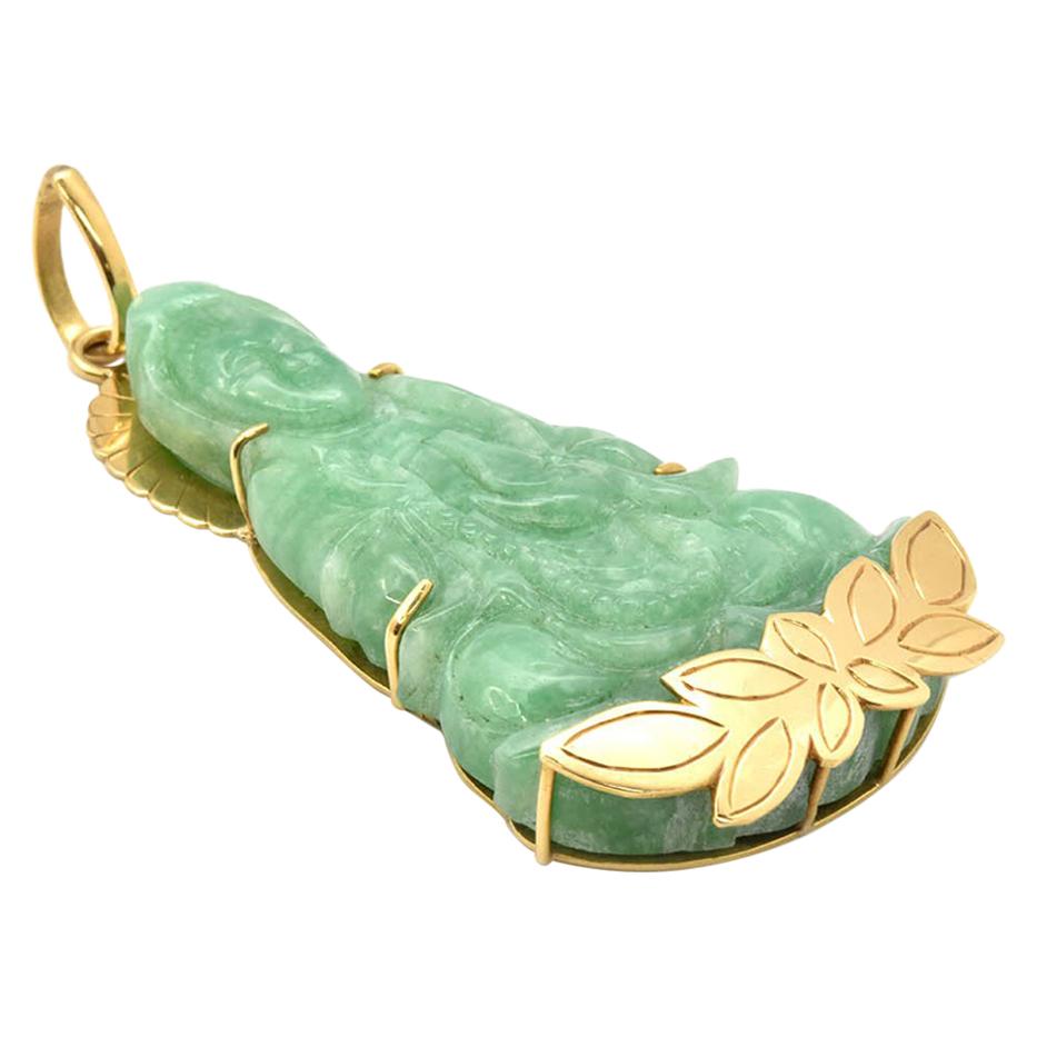 Large 18 Karat Yellow Gold and Carved Green Jade Buddha Pendant 