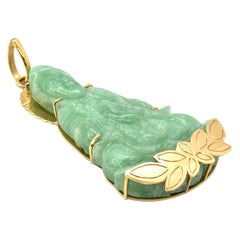 Large 18 Karat Yellow Gold and Carved Green Jade Buddha Pendant 52.05 Grams