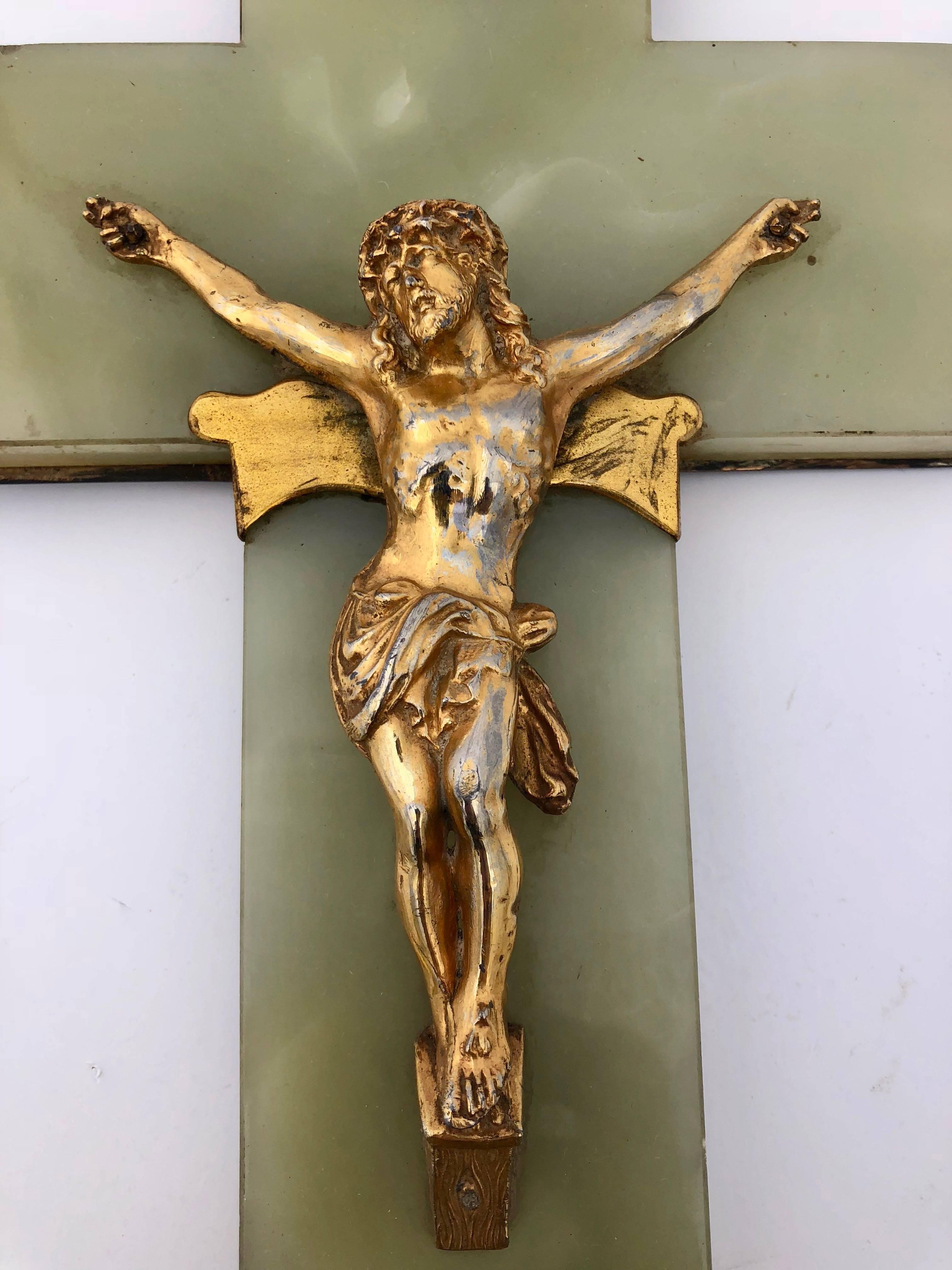 This 19th century large benetier Crucifix is on a beautiful green marble and backed with solid brass. The holy water font has a hinged top with the encryption SGDG, which means 