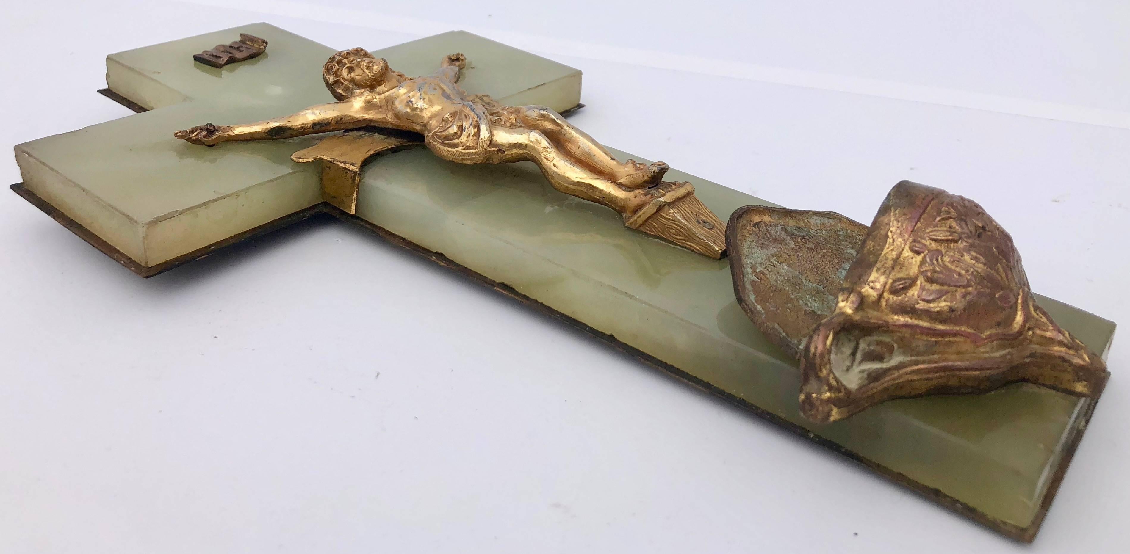 Empire Large 1800s French Benitier Crucifix on Green Marble with Holy Water Font