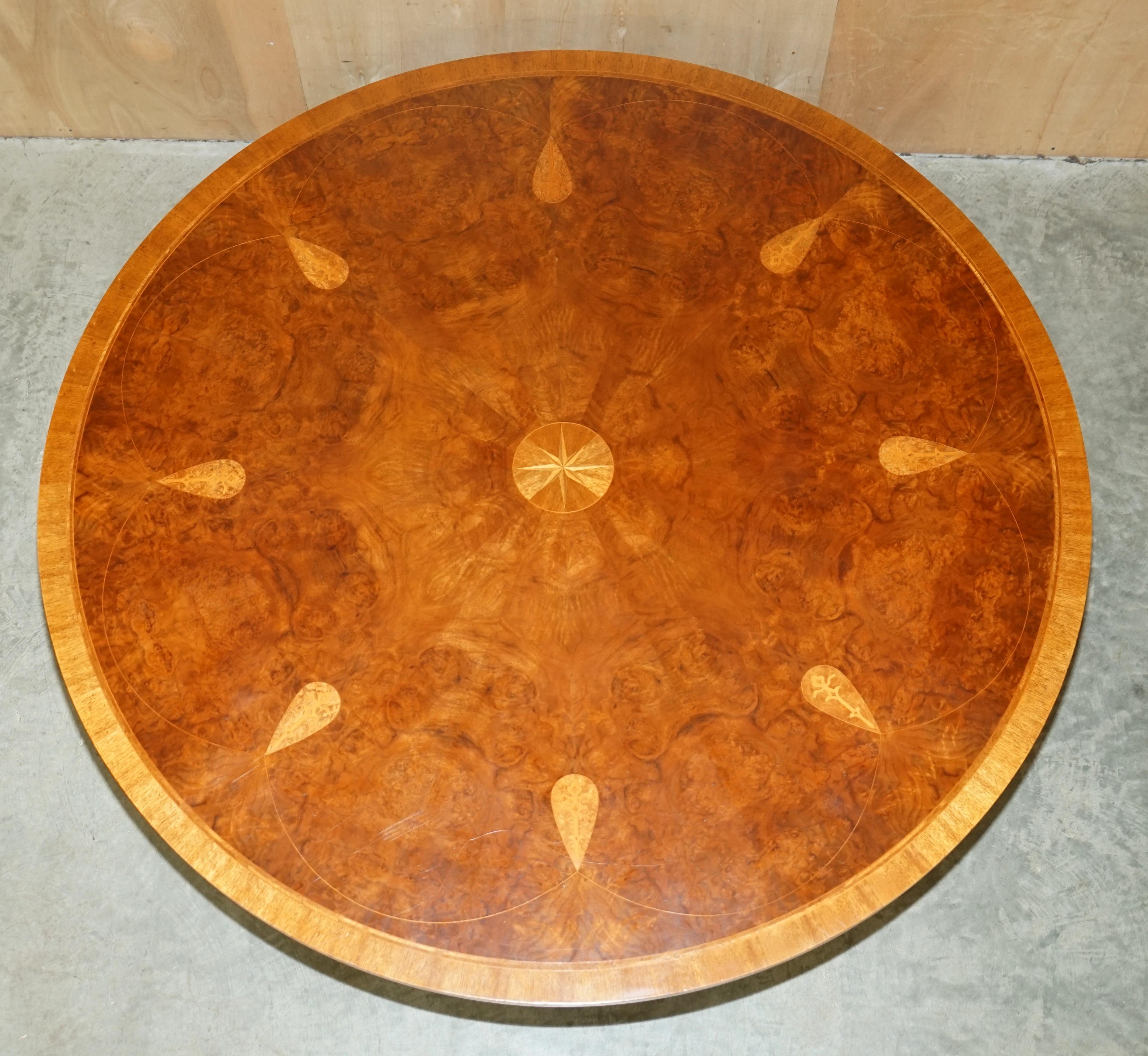 Large  Burr Walnut Hardwood & Satinwood Round Dining Table Seats 8 For Sale 3
