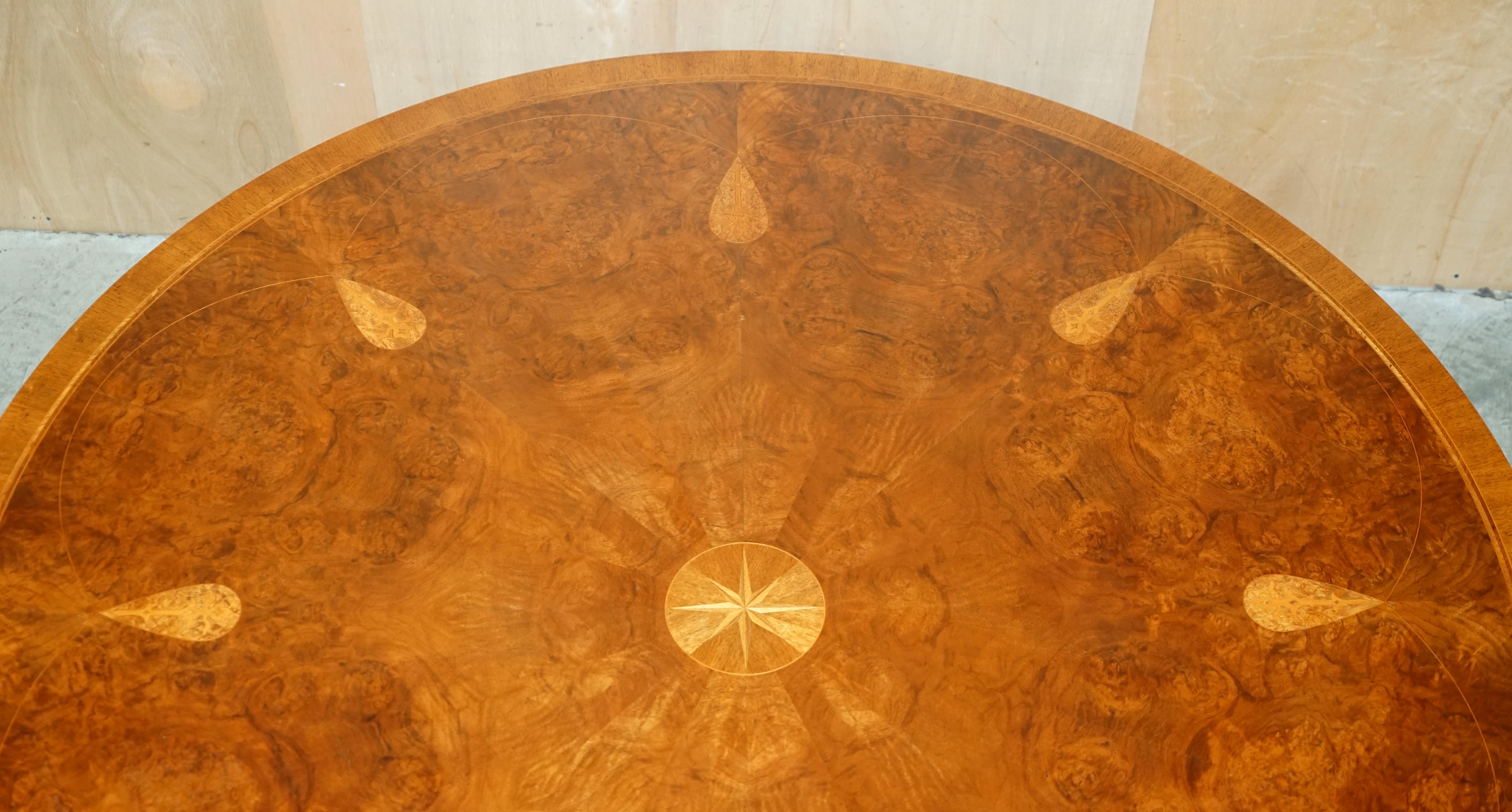 Large  Burr Walnut Hardwood & Satinwood Round Dining Table Seats 8 For Sale 4