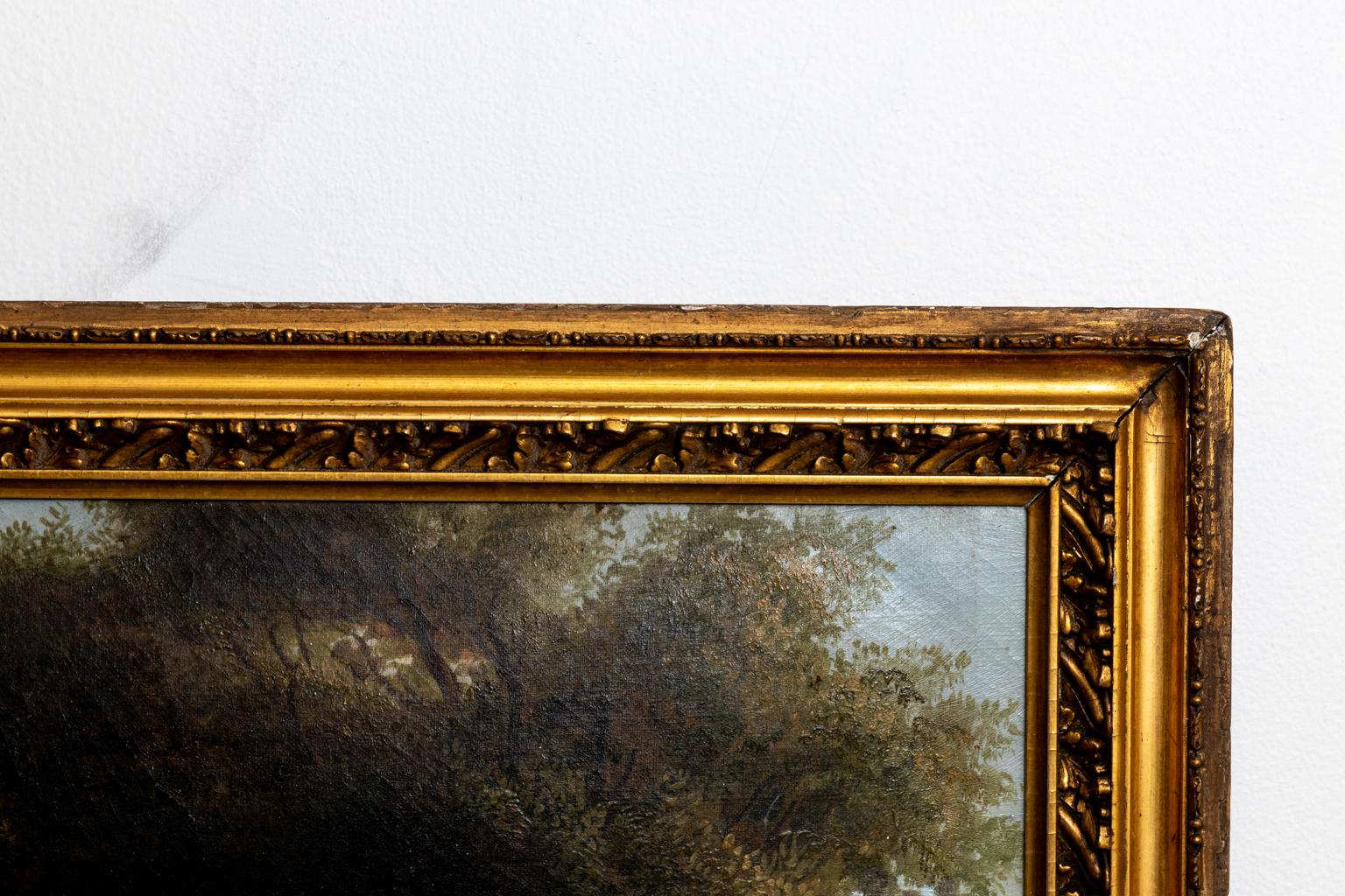 Circa 1840s large oil on canvas landscape with cows laid on a board with period giltwood frame. Made in either the United States or England. Please note of wear consistent with age including scattered minor inpainting.