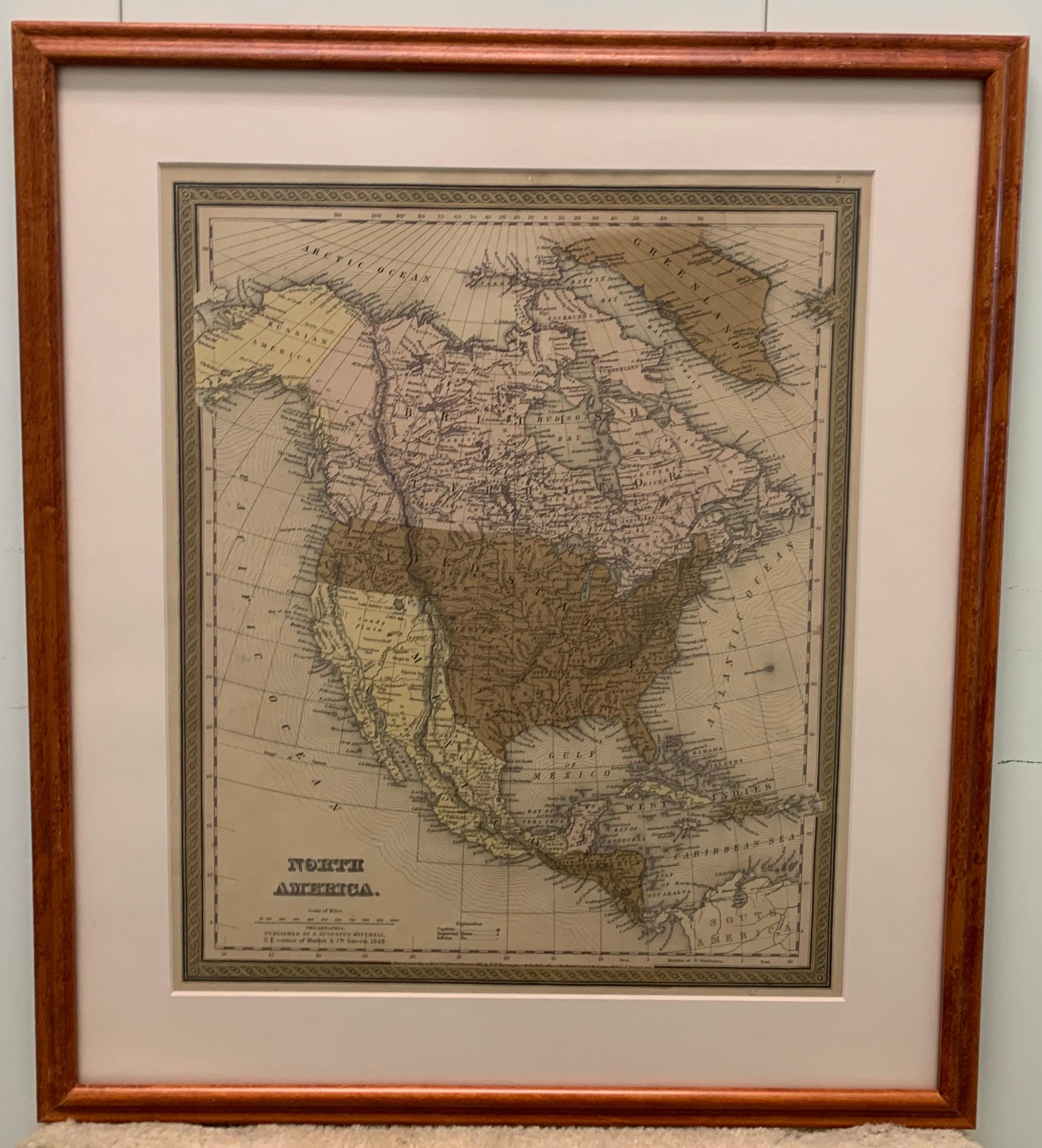 Carte encadrée de 1848 de S. Augustus and Mitchell, Philadelphie, PA. Carte de l'Amérique du Nord et de ses territoires. 
Les États-Unis, le Canada (territoire britannique) et les territoires mexicains y sont représentés. 
Comme nous l'avons