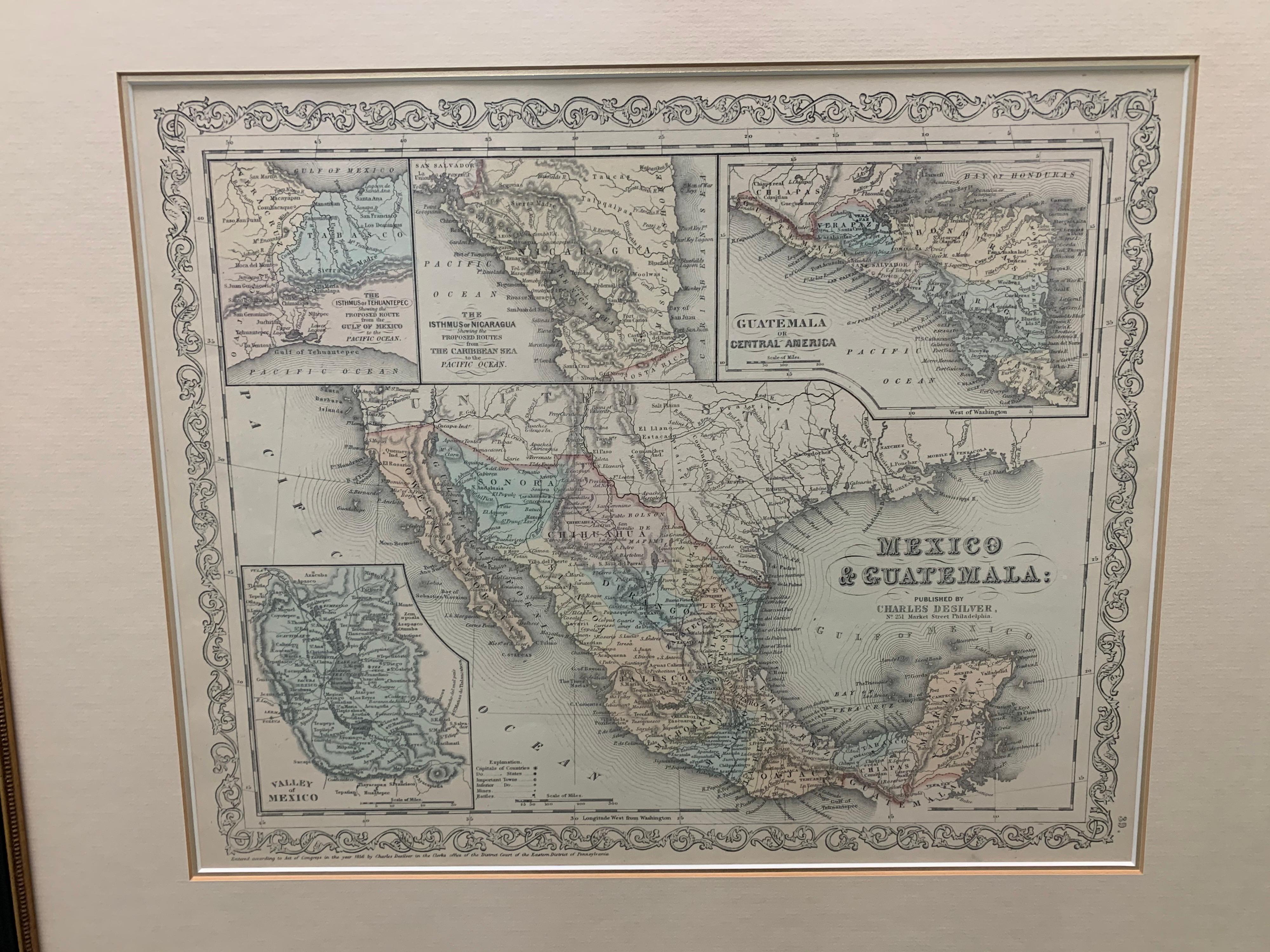 American Classical Large 1856 Mexico & Guatemala Framed Map by Charles Desilver For Sale