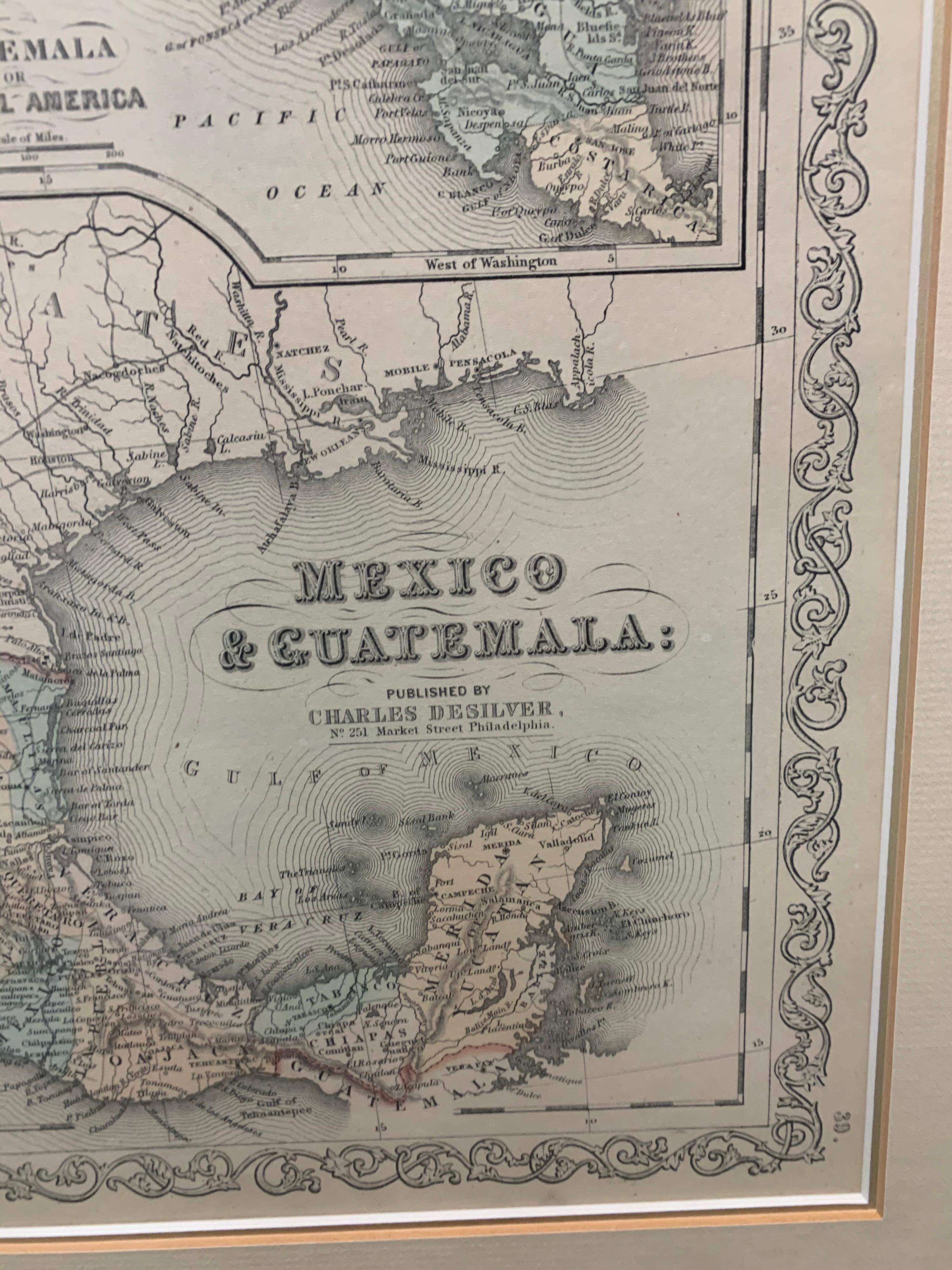 American Large 1856 Mexico & Guatemala Framed Map by Charles Desilver For Sale