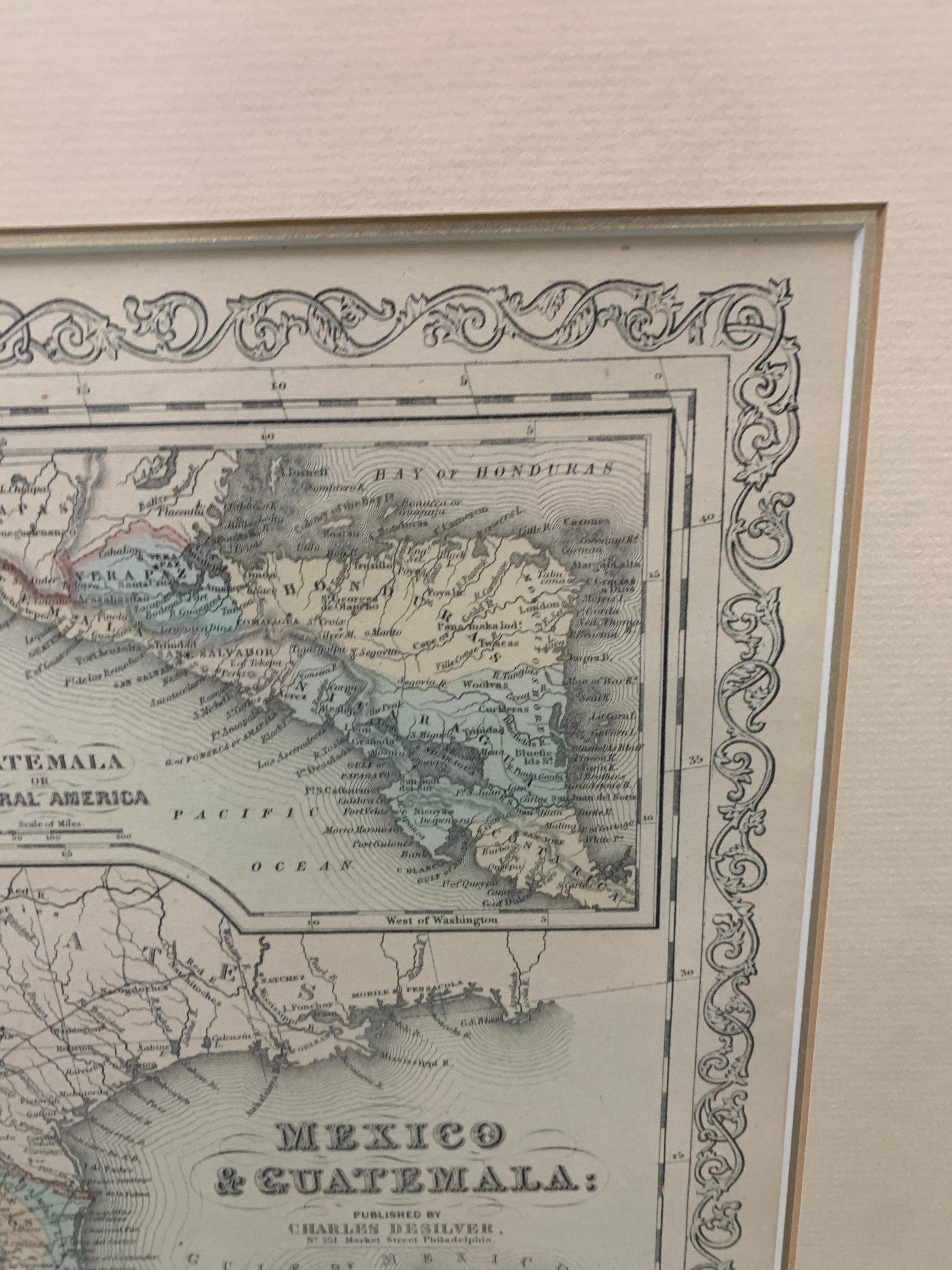 Large 1856 Mexico & Guatemala Framed Map by Charles Desilver In Good Condition For Sale In Stamford, CT