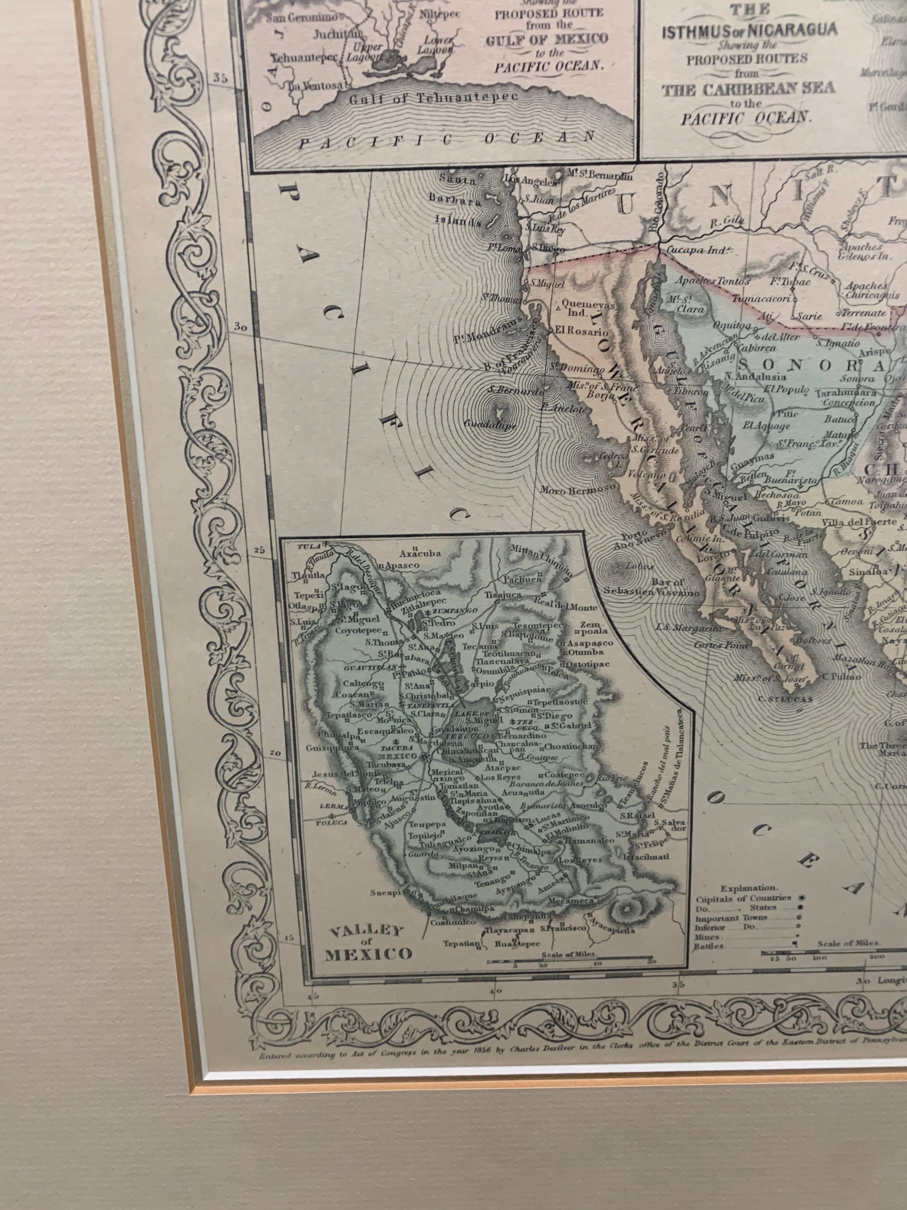 Mid-19th Century Large 1856 Mexico & Guatemala Framed Map by Charles Desilver For Sale