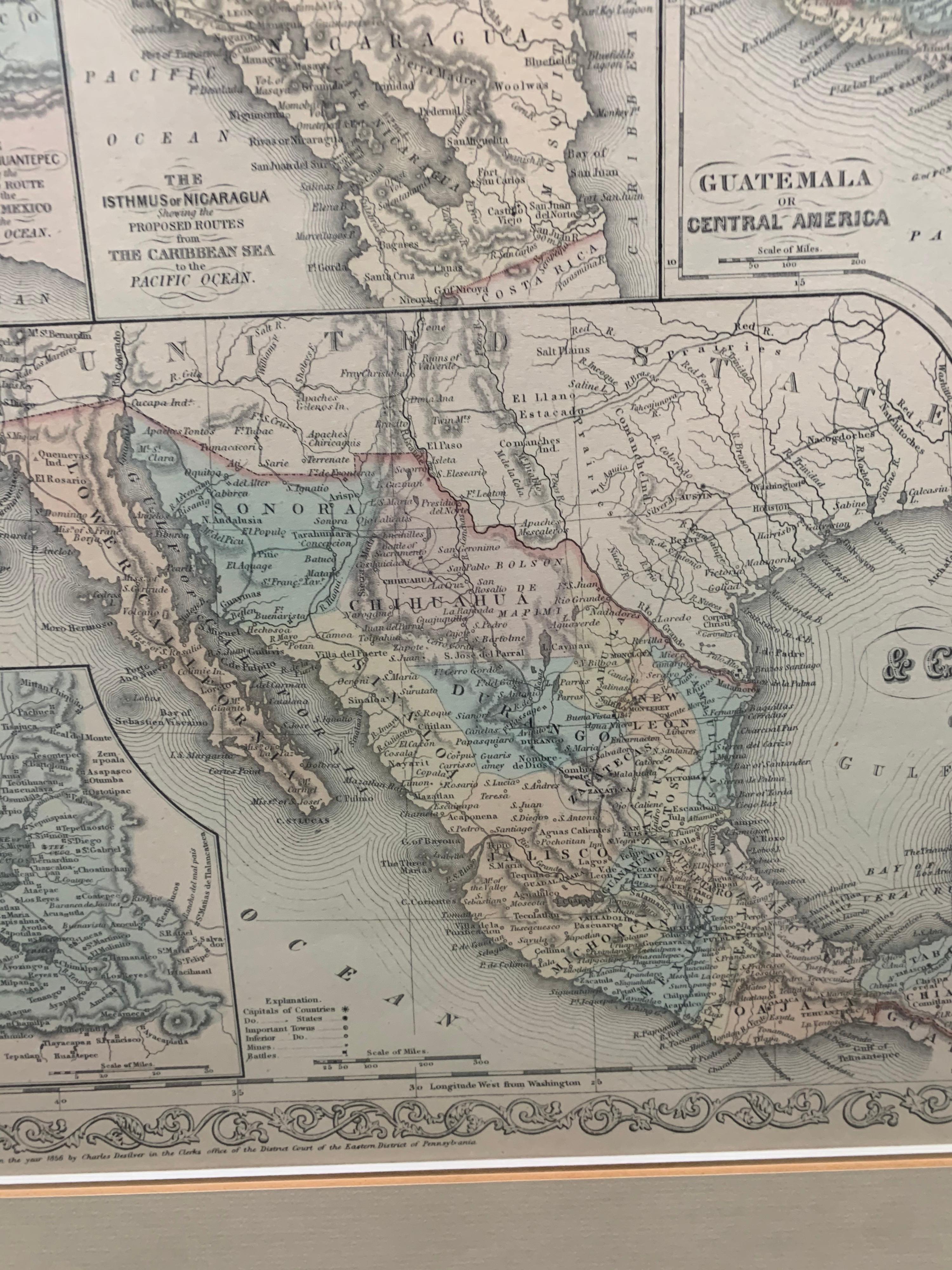 Glass Large 1856 Mexico & Guatemala Framed Map by Charles Desilver For Sale