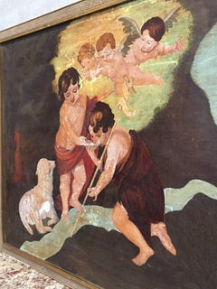Large 1870 Original Religious Painting, Cherubs, Signed by S. Barber, Spain