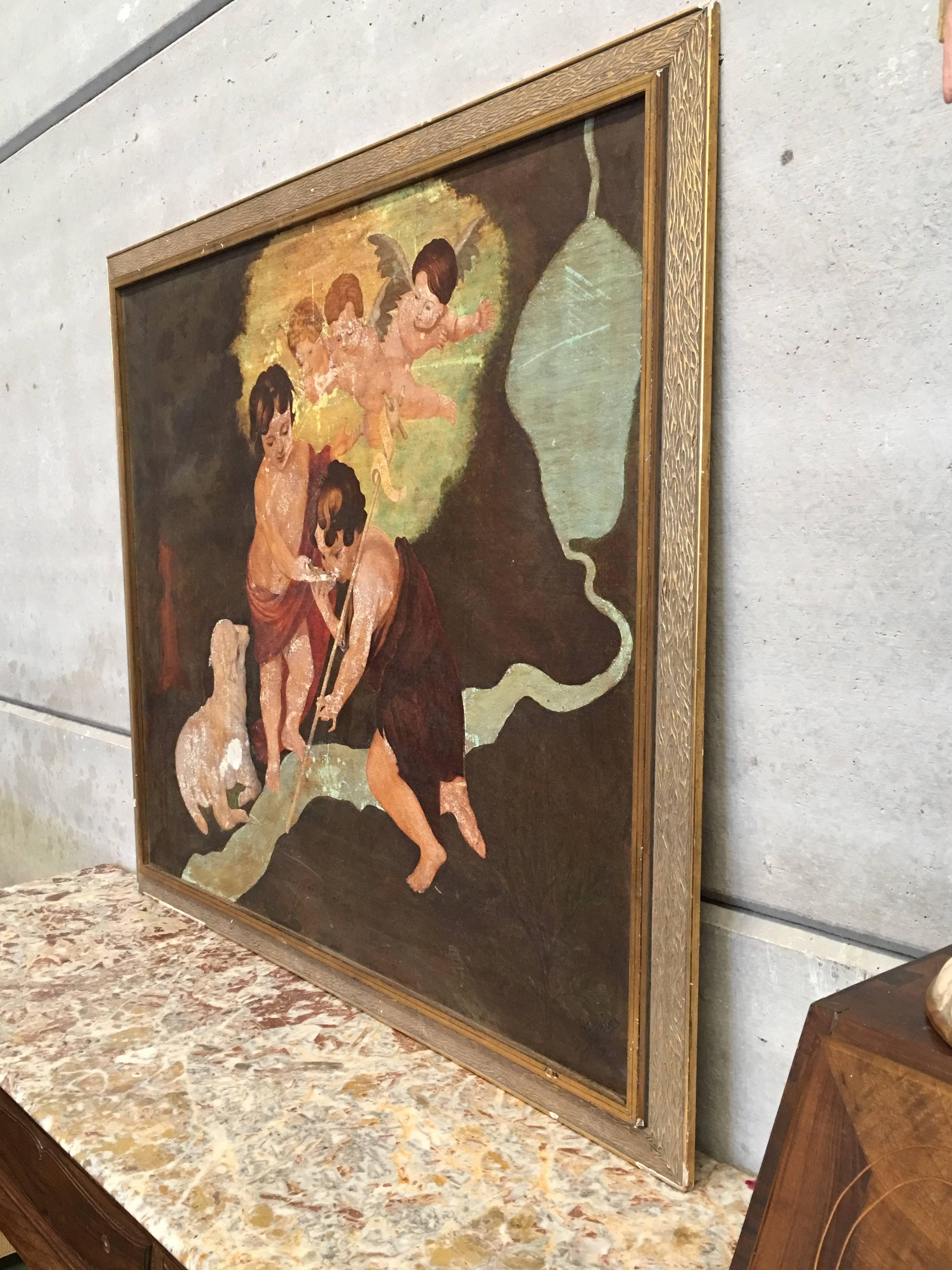 Baroque Large 1870 Original Religious Painting, Cherubs, Signed by S. Barber, Spain For Sale