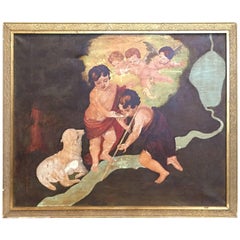 Large 1870 Original Religious Painting, Cherubs, Signed by S. Barber, Spain