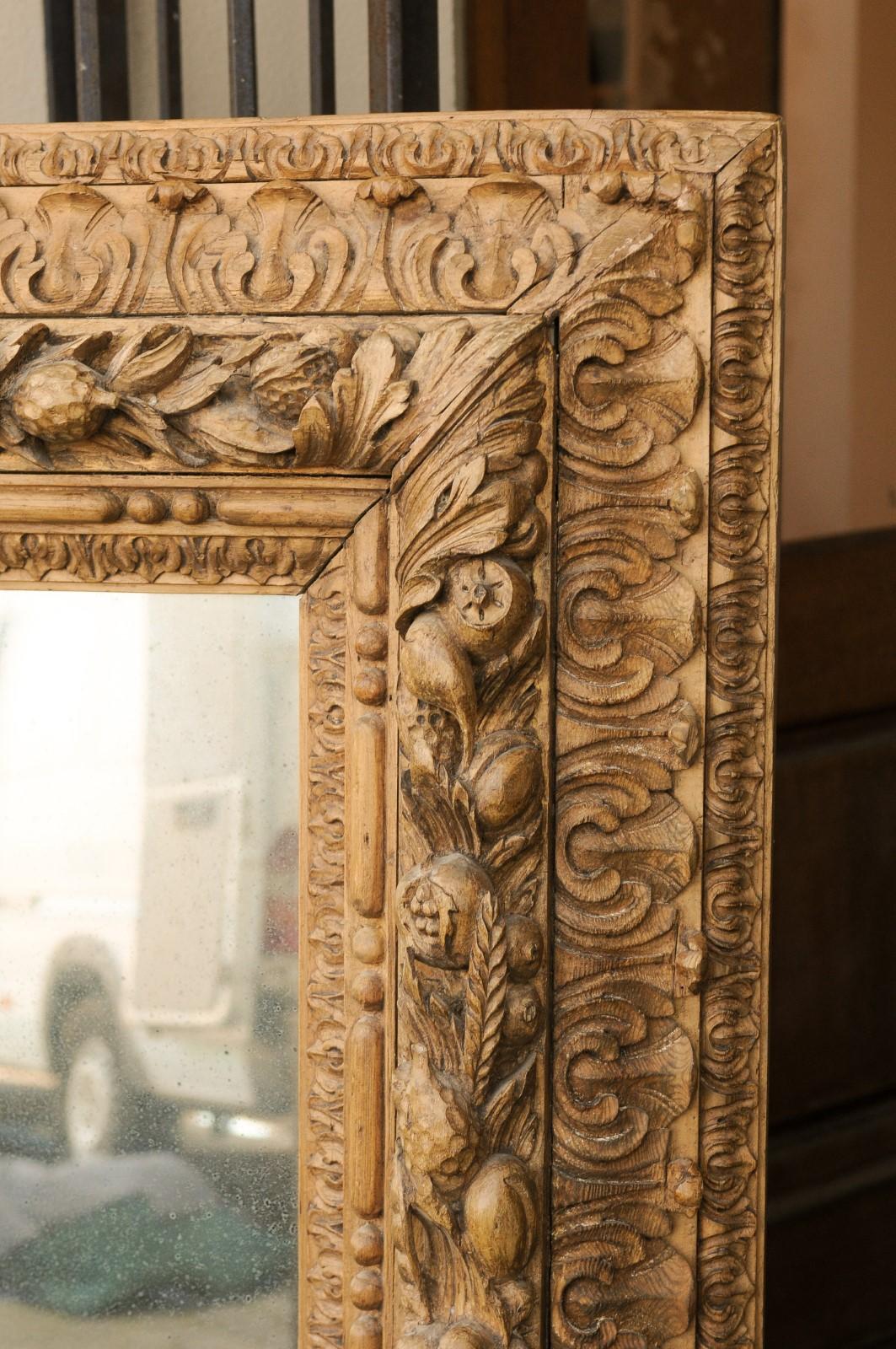 Hand-Carved Large 1870s French Hand Carved Oak Mirror with Fruit and Foliage Motifs