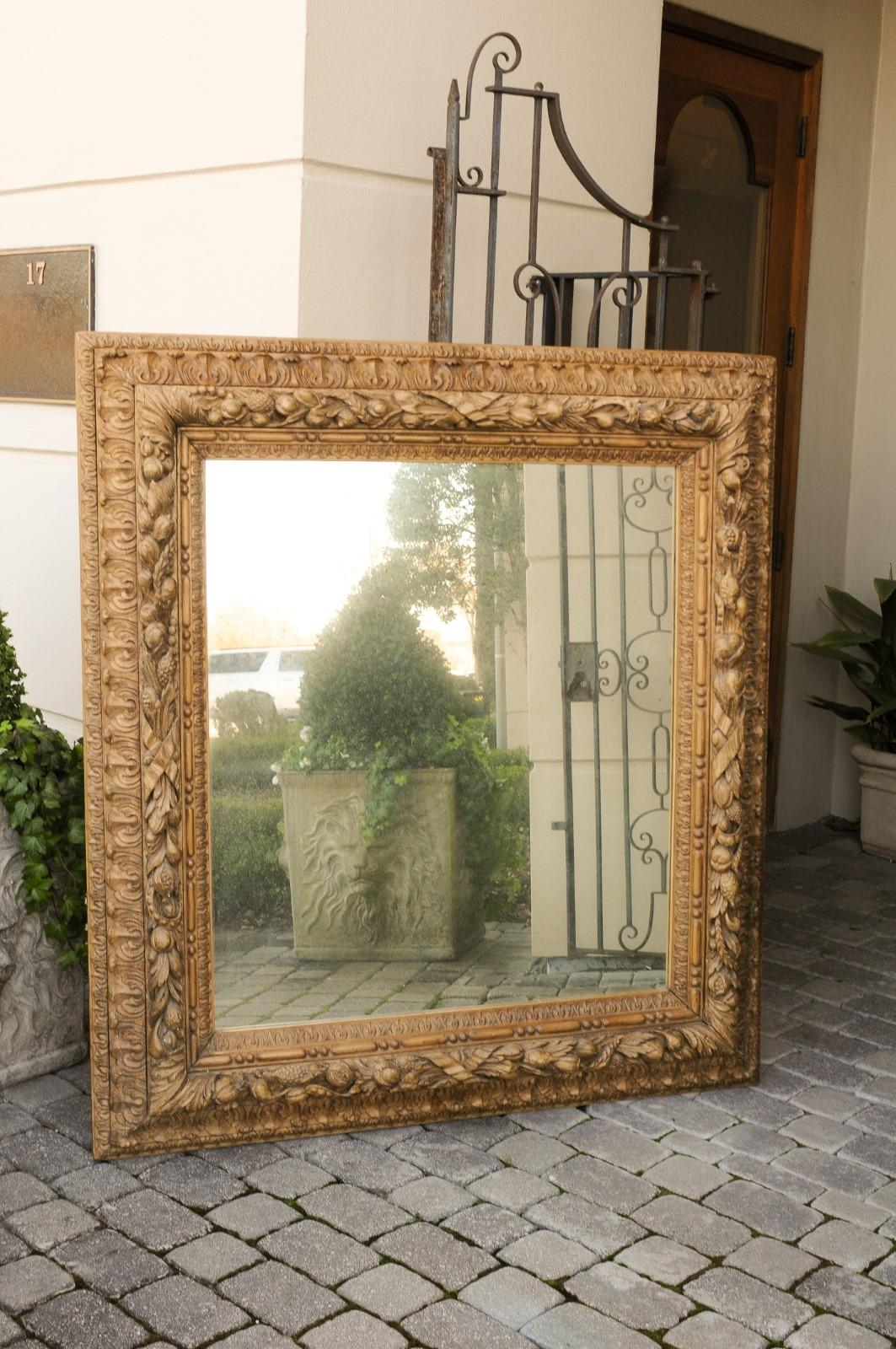 Large 1870s French Hand Carved Oak Mirror with Fruit and Foliage Motifs In Good Condition In Atlanta, GA