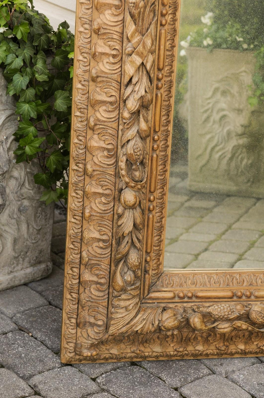 19th Century Large 1870s French Hand Carved Oak Mirror with Fruit and Foliage Motifs