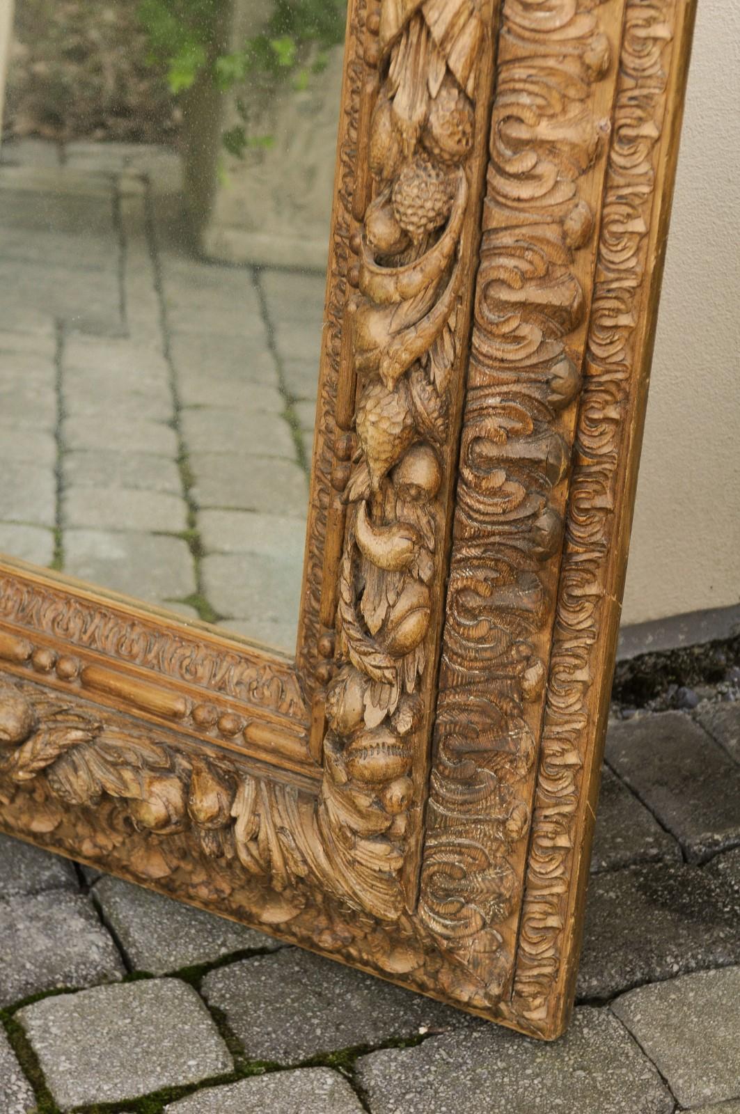 Large 1870s French Hand Carved Oak Mirror with Fruit and Foliage Motifs 3