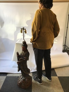 Large 1880s Carved Wood Asian Figural Table Lamp