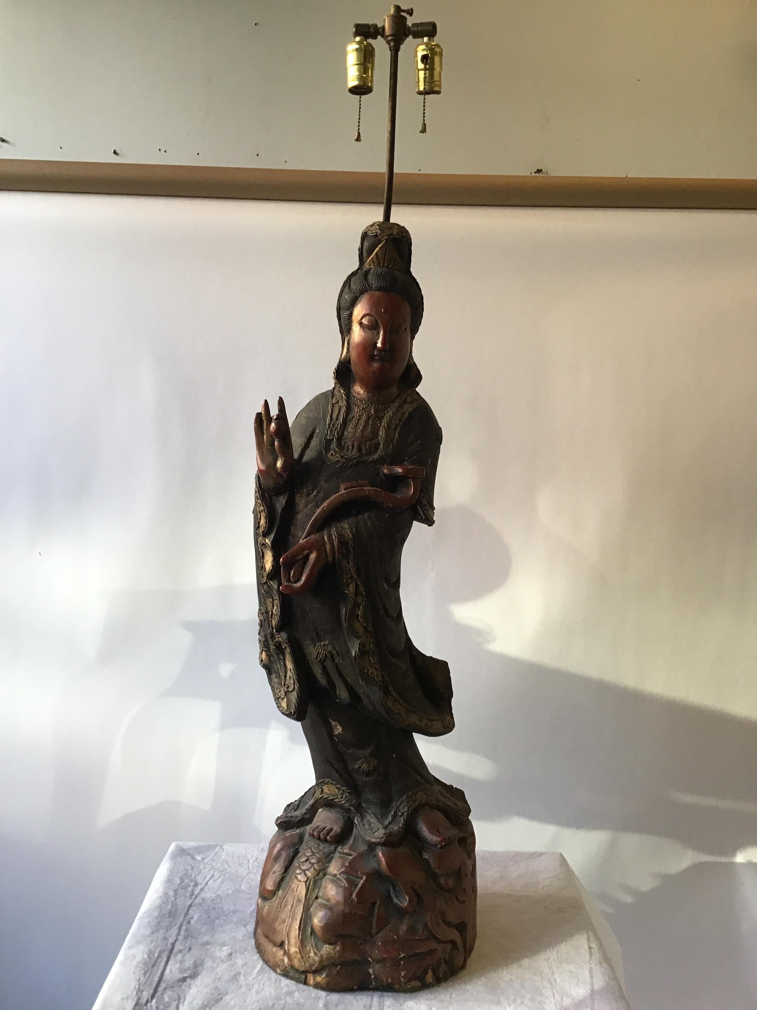 Large 1880s Carved Wood Asian Figural Table Lamp In Good Condition For Sale In Tarrytown, NY