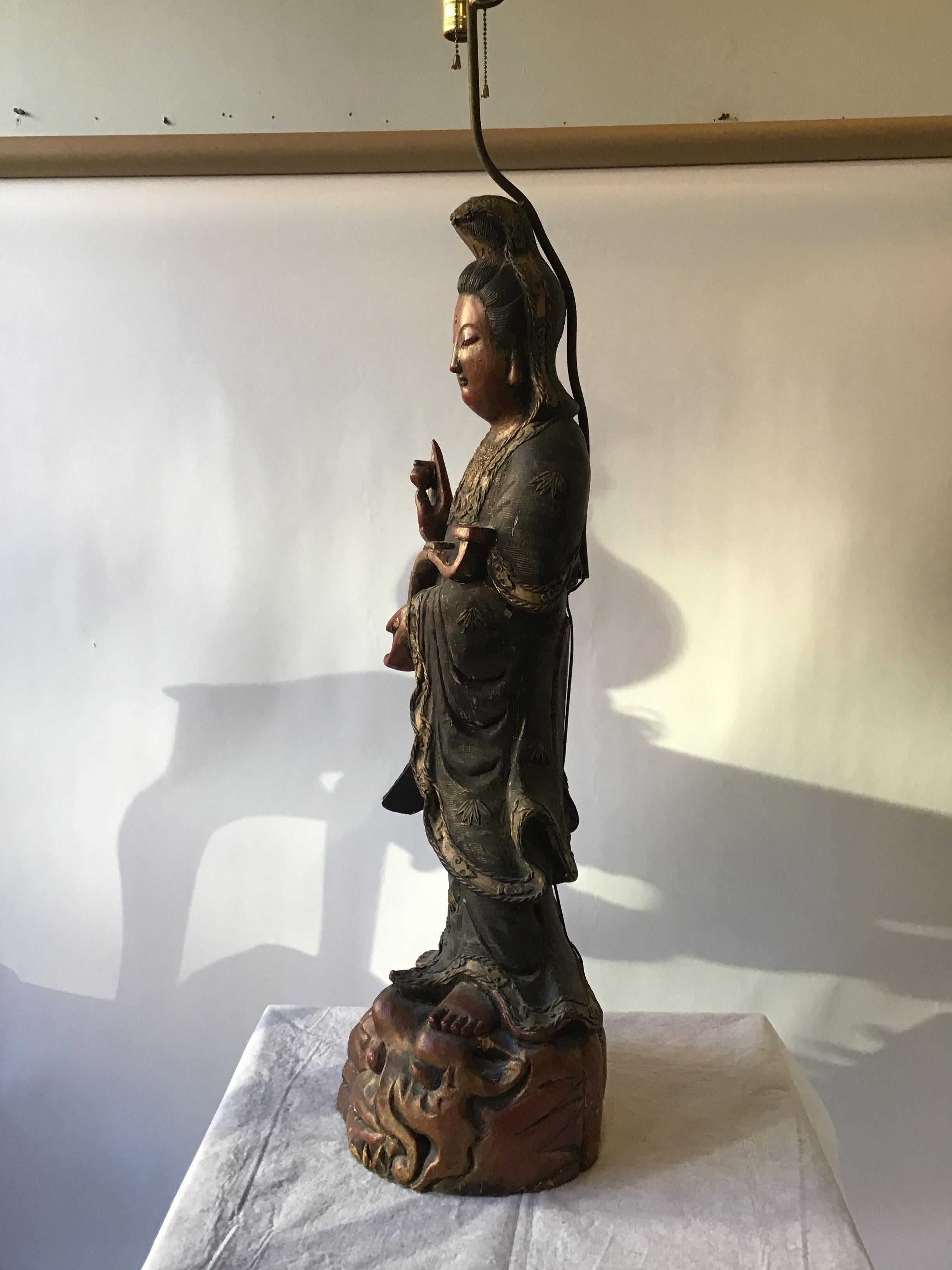 Late 19th Century Large 1880s Carved Wood Asian Figural Table Lamp For Sale