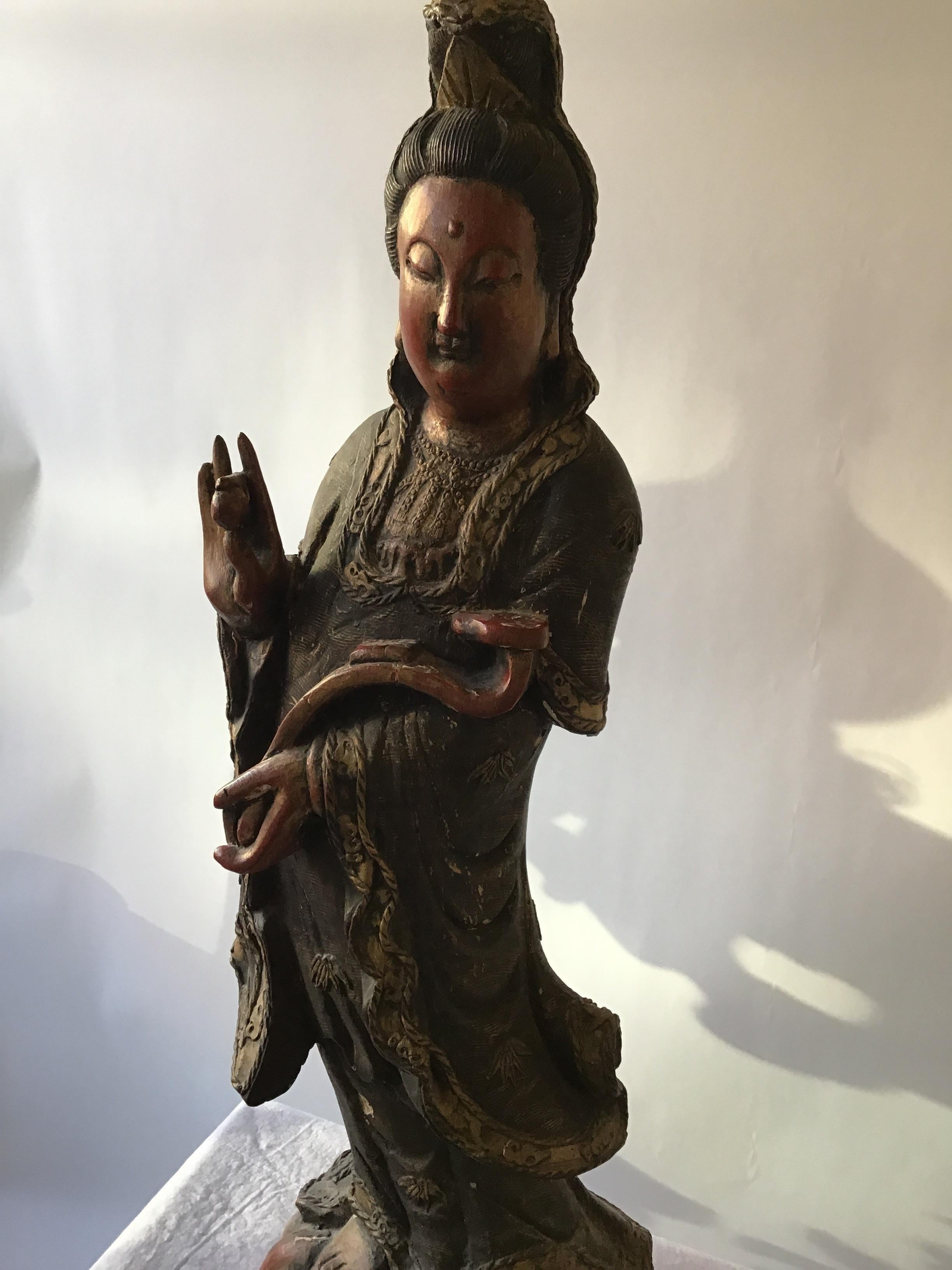 Large 1880s Carved Wood Asian Figural Table Lamp For Sale 4