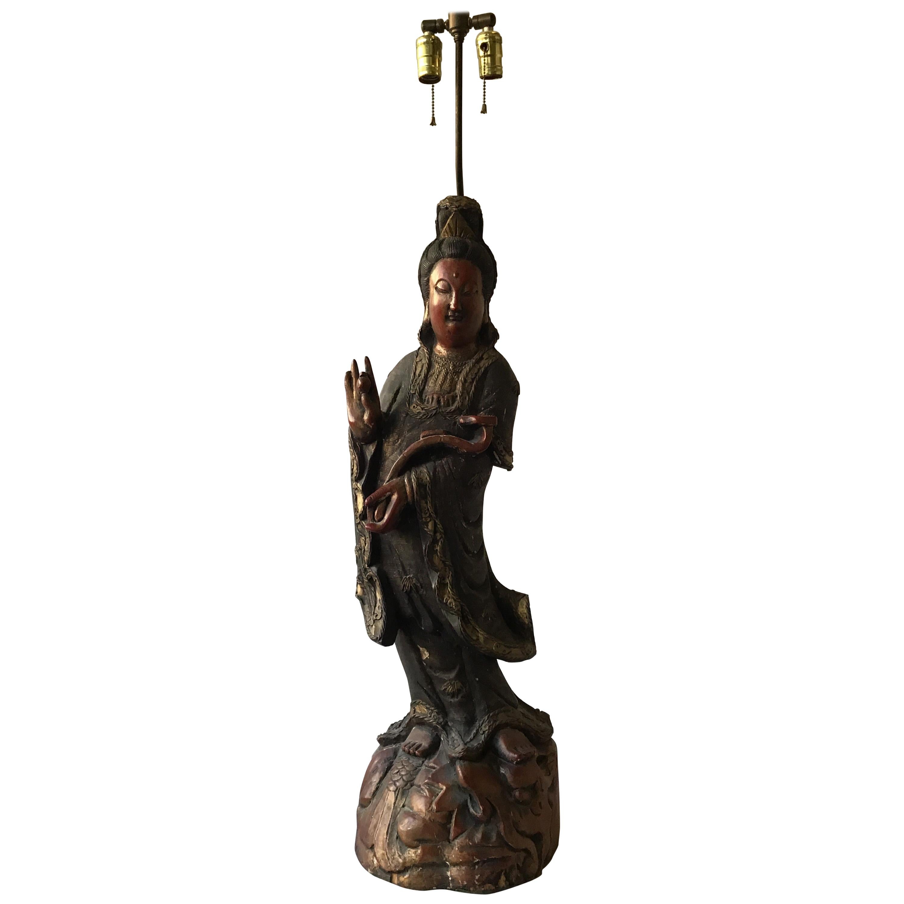 Large 1880s Carved Wood Asian Figural Table Lamp For Sale