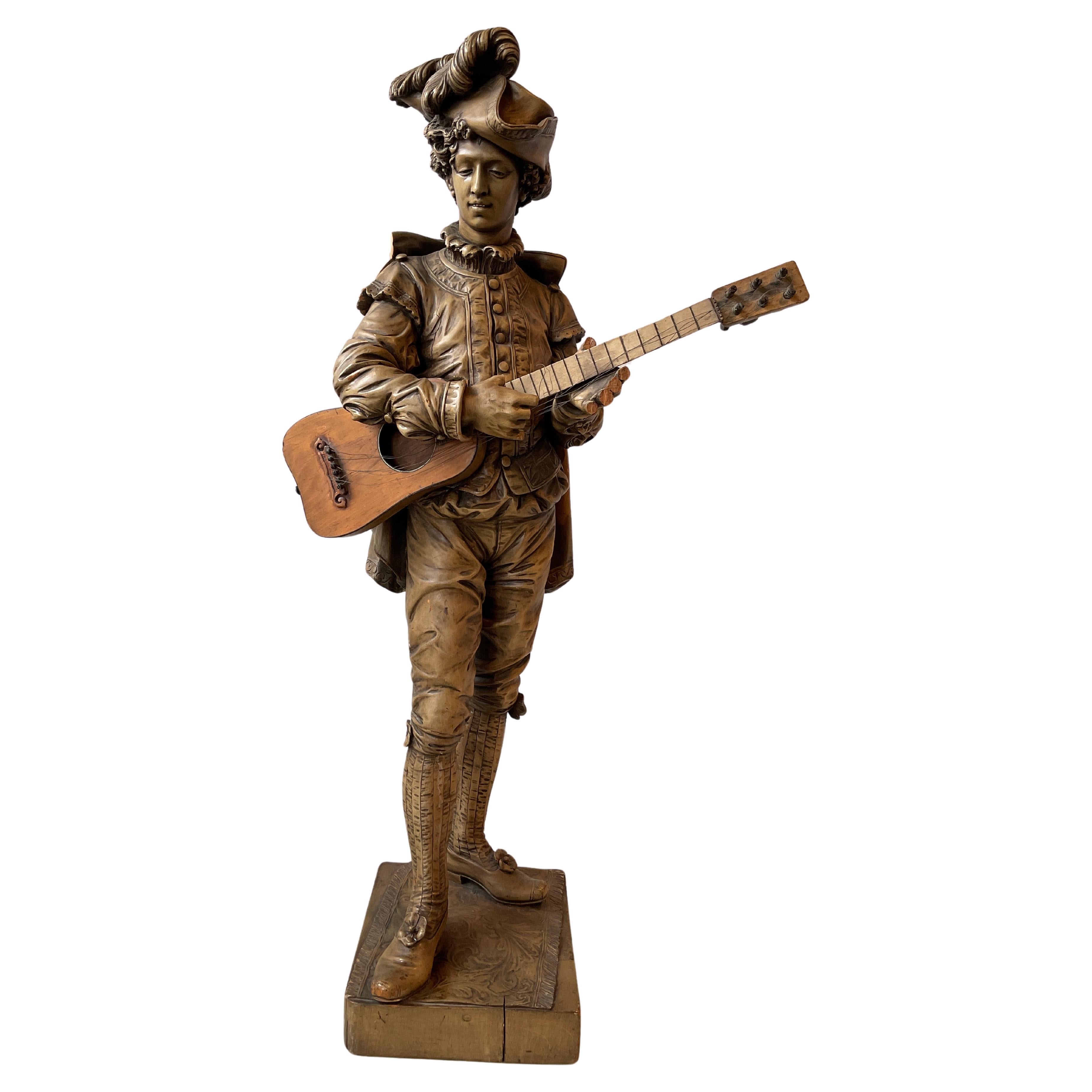 Large 1880s Carved Wood Sculpture Of Figaro For Sale