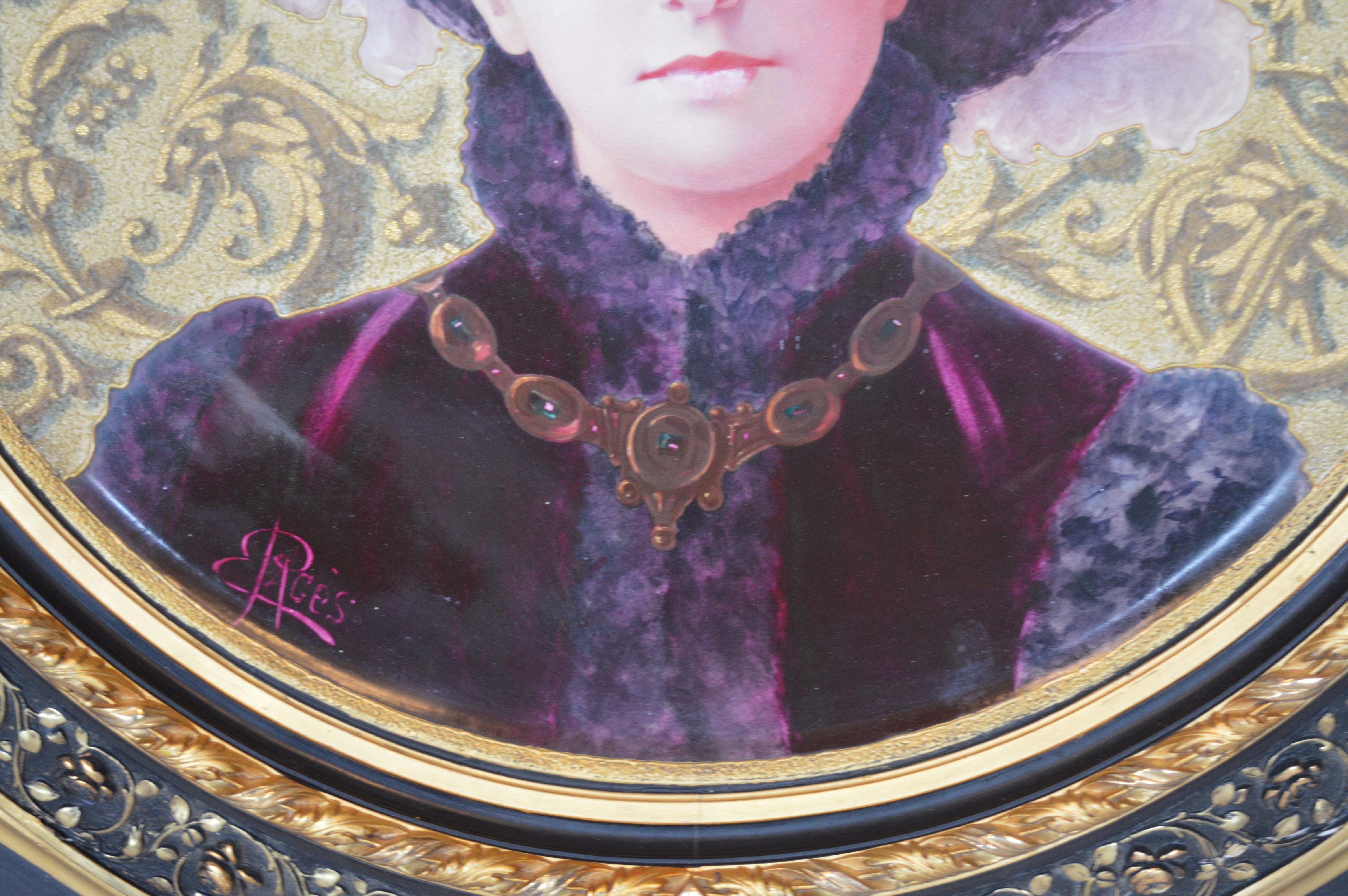 Large 1880s French Hand-Painted Portrait of a Victorian Woman, Signed In Good Condition For Sale In Los Angeles, CA