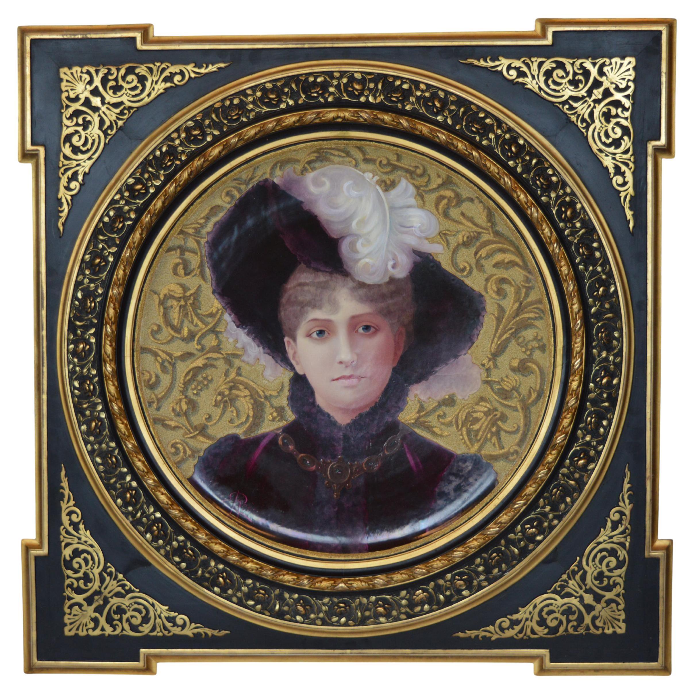 Grand portrait français des années 1880, peint à la main, représentant une femme victorienne, signé